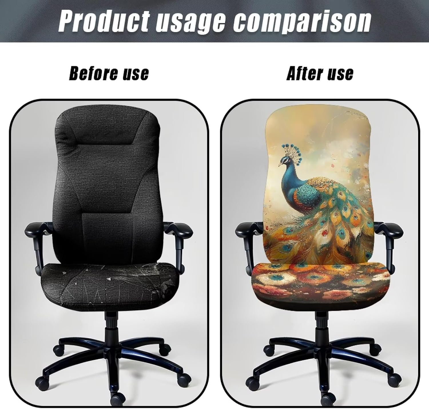 Peacock Floral Oil Painting Print Office Chair Cover, Modern Rotating Chair Covers with Elastic Bottom Universal High Back Chair Slipcover Washable Desk Chair Seat Protector for Offices-L image 4