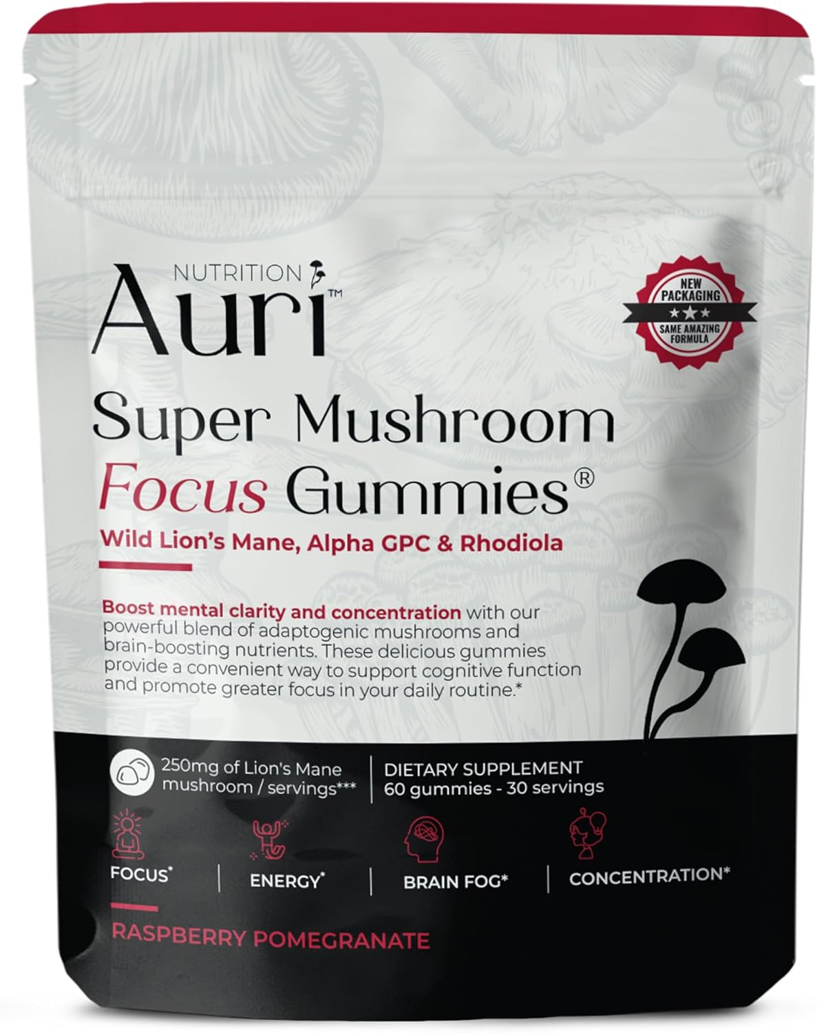 Auri Nutrition Super Mushroom Focus Gummies w/Lion's Mane, Alpha GPC & Rhodiola – Mushroom Supplement to Support Cognitive Function, Mental Clarity, Focus & Energy, 60 Gummies, Vegan Friendly, Non GMO