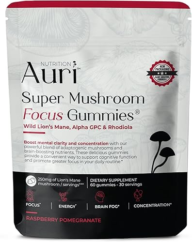 Gomas de Auri Super Mushroom Focus - con Melena de León, Alfa GPC y Rhodiola - Suplemento de hongos para apoyar la función cognitiva, claridad