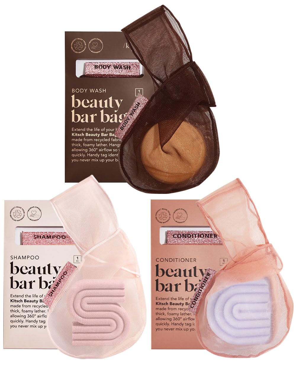Kitsch Bar Soap Saver Bag – Recycled Mesh Beauty Bar Pouch for Body Wash, Conditioner & Shampoo Bars, Holder to Preserve Soap, Eco-Friendly, Patented Bag, 3pc Set - Blush, Terracotta & Chocolate