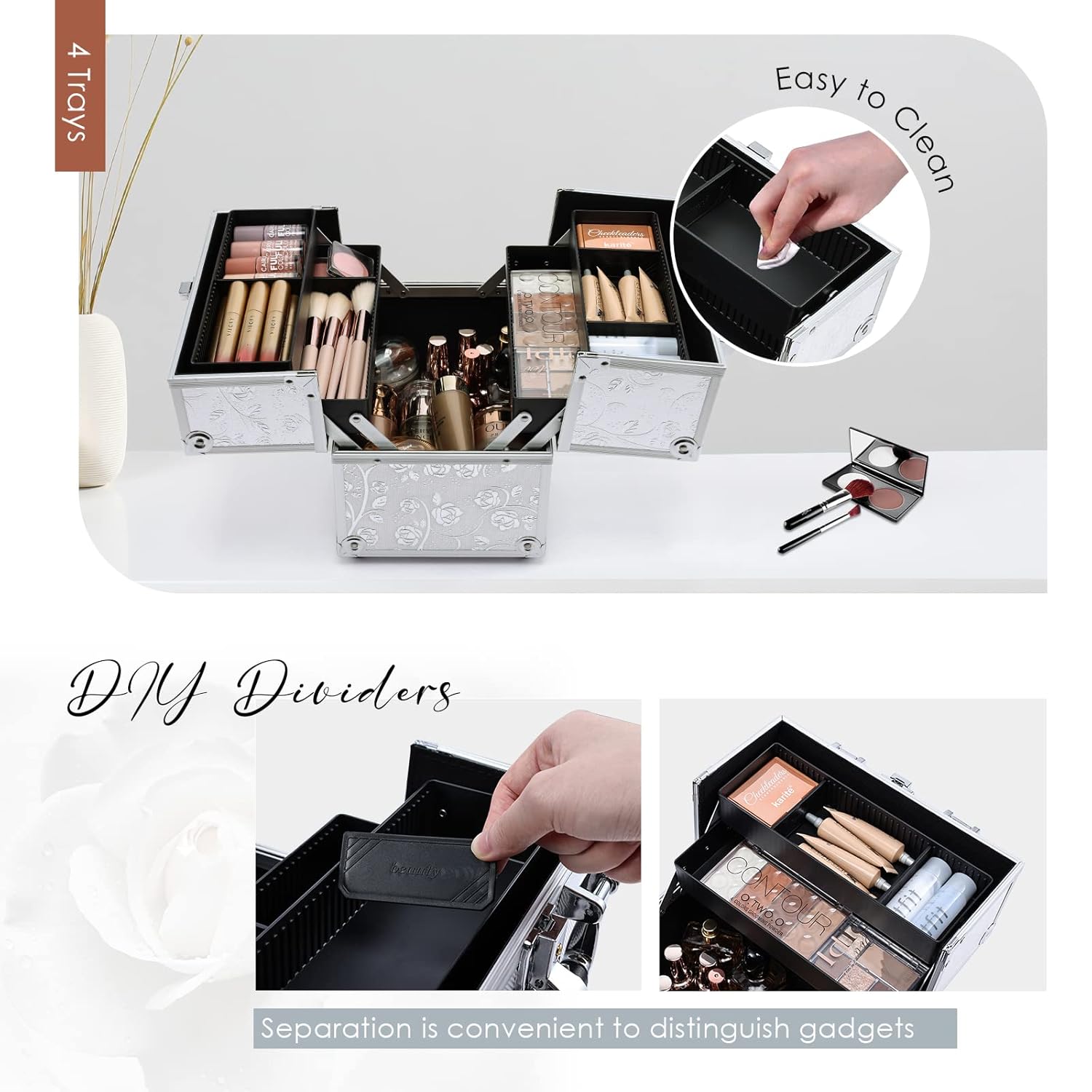 Frenessa Makeup Train Case Portable Cosmetic Box Organizer 4 Trays Aluminum Makeup Case Storage with Divider Lockable for Makeup Artist, Crafter, Makeup Tools Elagant Silver Rose : Beauty & Personal Care