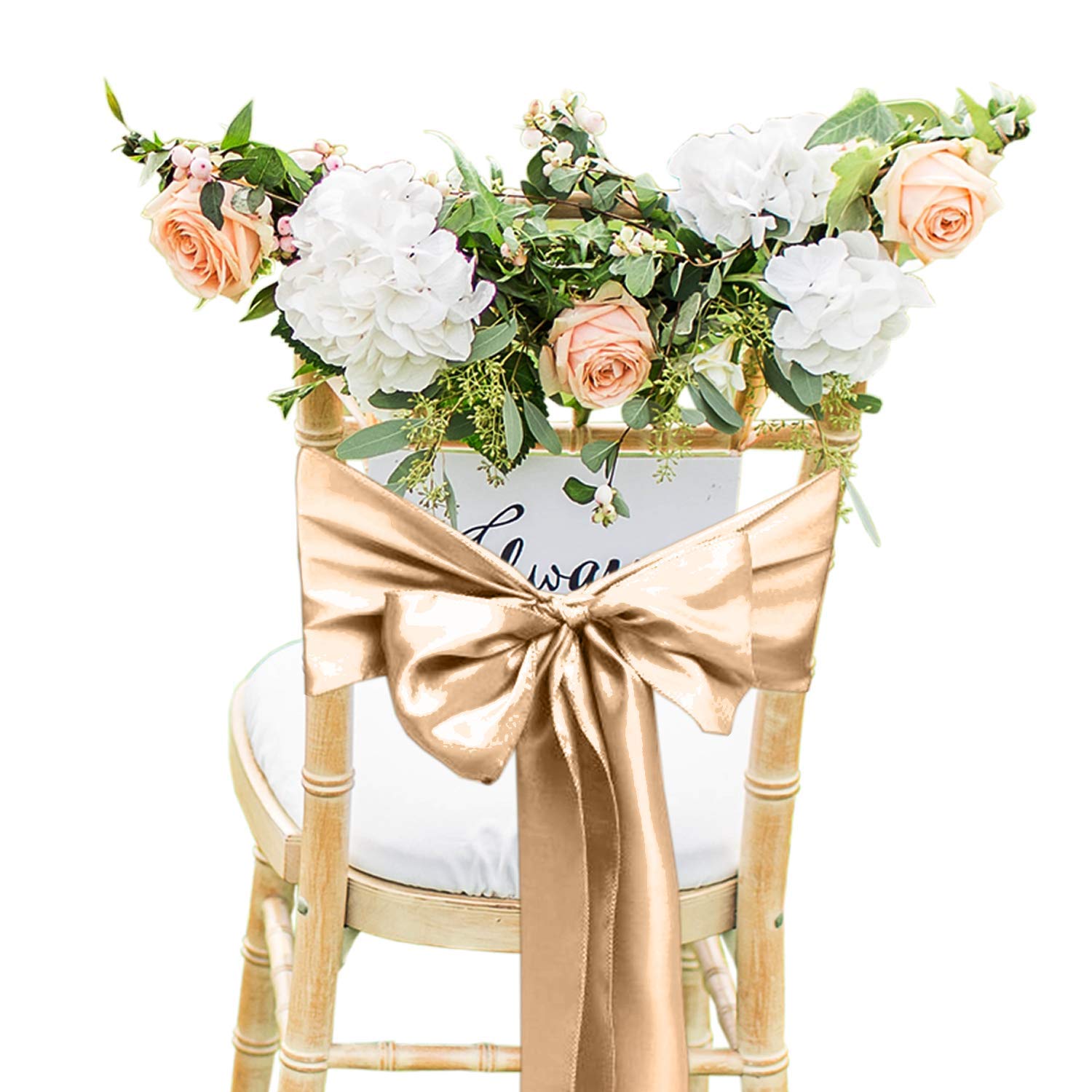 Trimming Shop 1pc Satin Chair Sashes Bow Sash Decorative Party Chair Sash Wider Fuller Bows Chair Ties for Wedding Birthday Party Christmas Event Supplies Decoration, 7" x 108", Champagne Gold