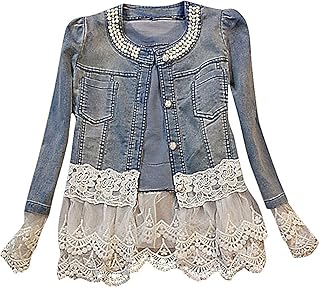 Maze, Women's Light Blue Mid Wash Tiered White Lace Mesh Applique Denim Jacket