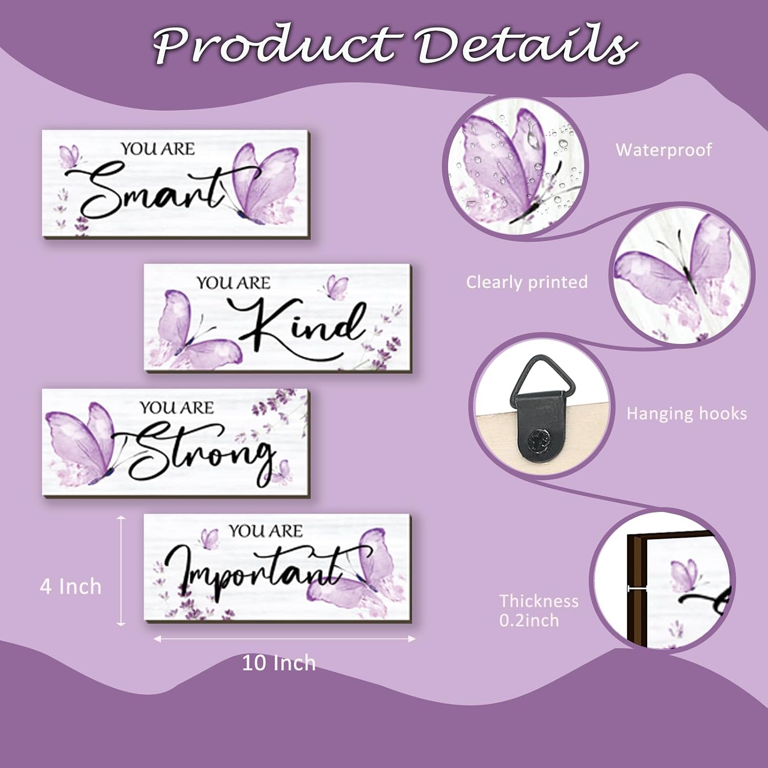 DONFENTHY 4 Pcs Butterfly Wall Decor Purple Room Decor Wooden Positive Butterfly Inspirational Word Sign for Teen Girls Women Bathroom Bedroom Office(Purple,10x4 Inch)
