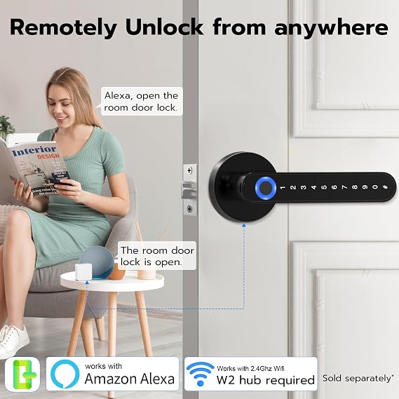 Eseesmart Smart Lock - Fingerprint Door Lock with Handle, 5-in-1 Smart Door Lock with Keypad Fingerprint Bluetooth APP Key, Digital Electronic Door Lever Lock for Home Office Bedroom