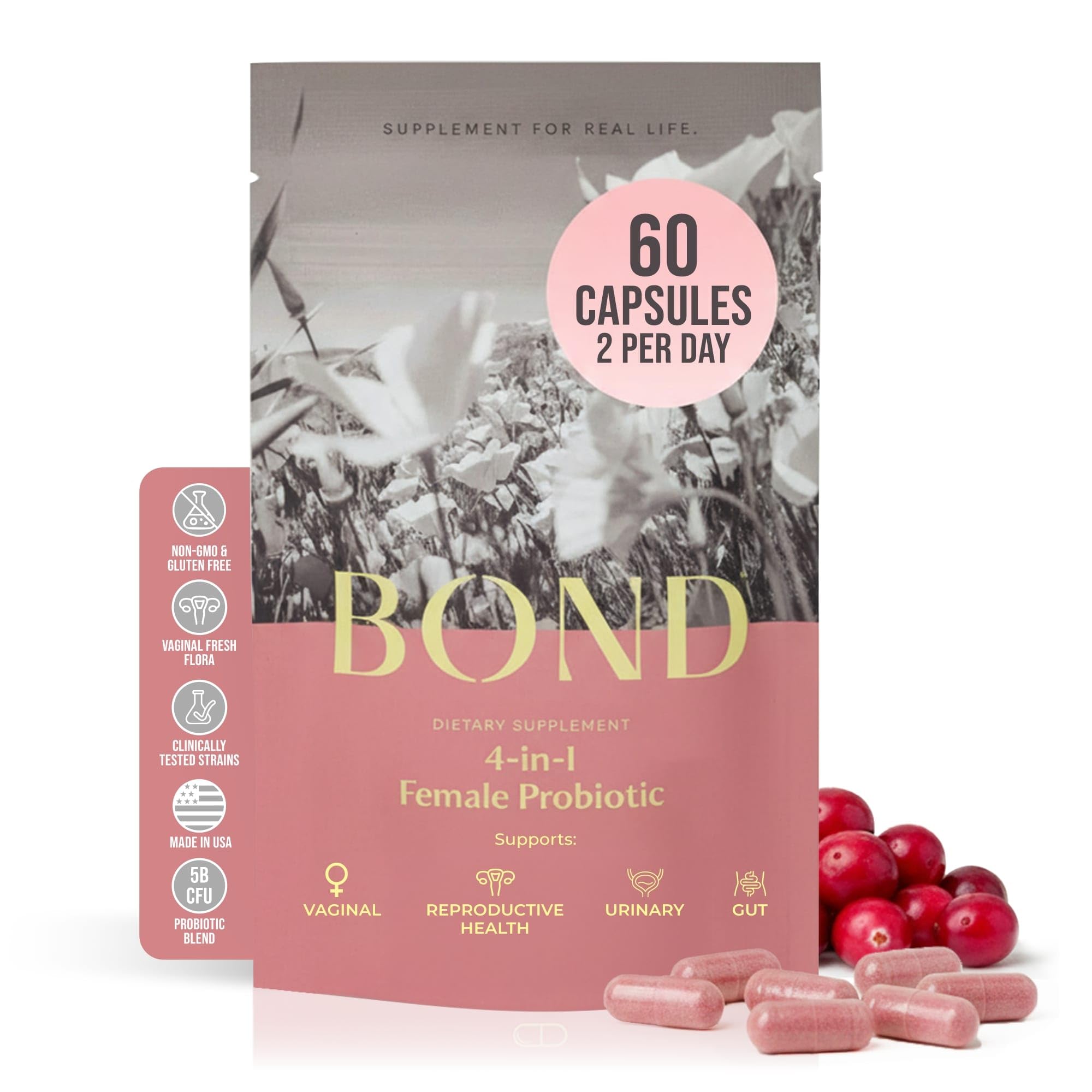 BOND 4-in-1 Vaginal Probiotics for Women for Vaginal Flora, Odor Control, Yeast & pH Balance for Women - Daily Lactobacillus Formula (5 Billion CFU), with Prebiotics & Cranberry, 60 Capsules (2/Day)