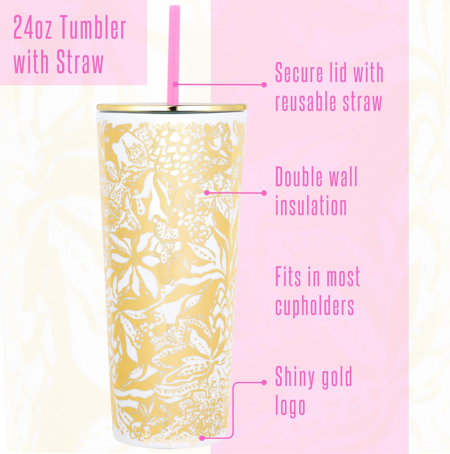 Lilly Pulitzer Gold Double Wall Tumbler with Lid and Reusable Straw, Insulated Travel Cup Holds 24 Ounces, Safari Sangria - Image 2