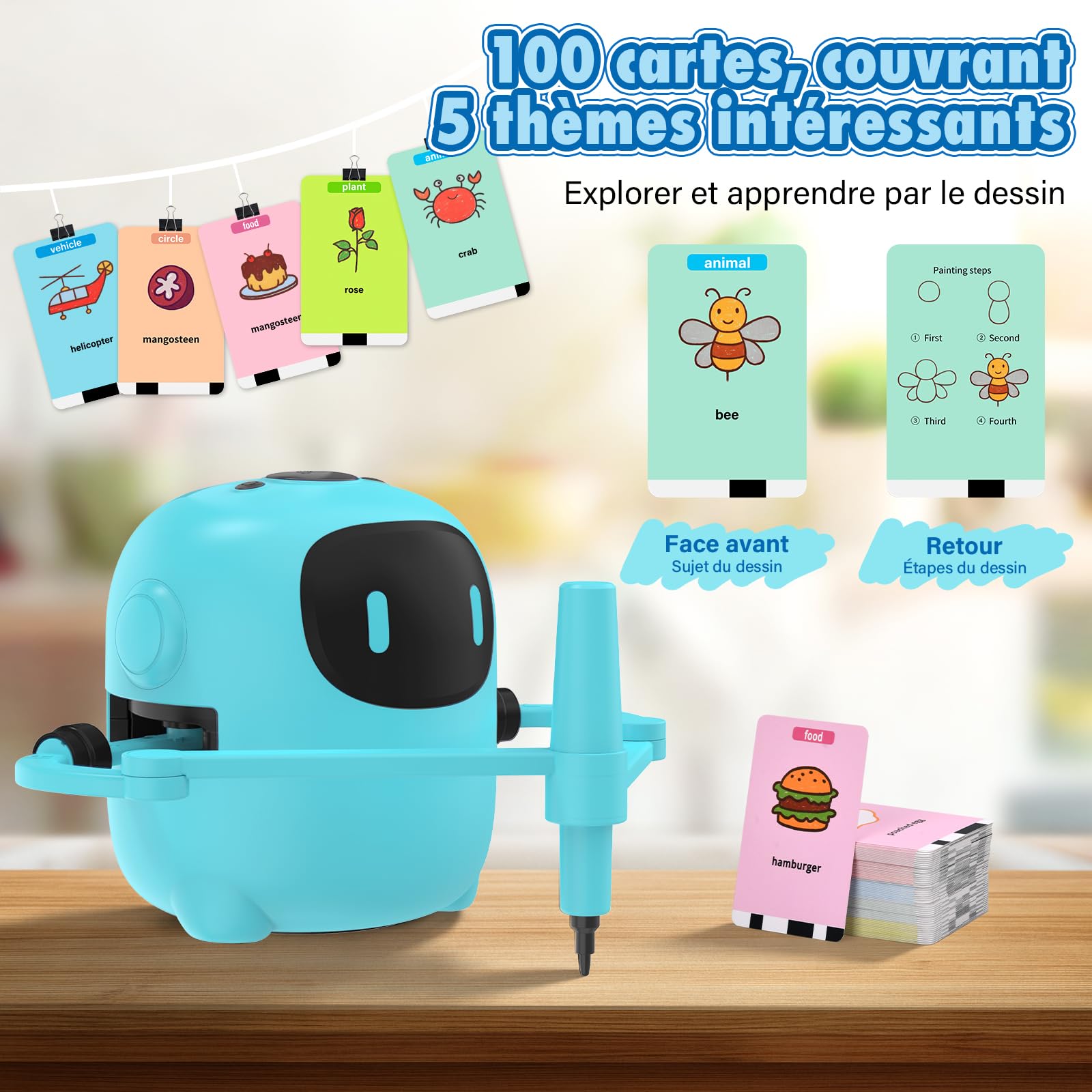 Robot Dessinateur Enfant, Robot de Dessin pour Enfants avec 100 Cartes & 12 Crayons, Interactif avec Fonction Vocale, Jouet éducatif Rechargeable pour Filles et Garçons de 3 à 10 Ans