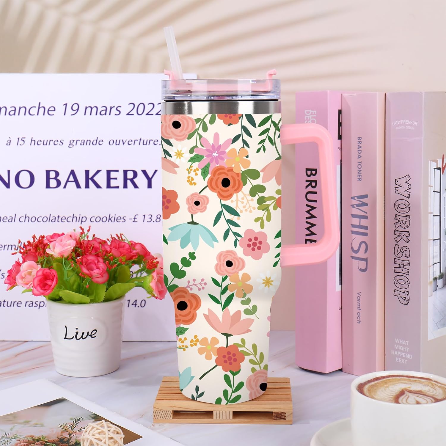 JarThenaAMCS Boho Floral Tumbler with Handle 40oz Spring Colorful Flower Tumbler with Lid Straw Wildflower Stainless Steel Cup for Christmas Home Office Travel - Image 4