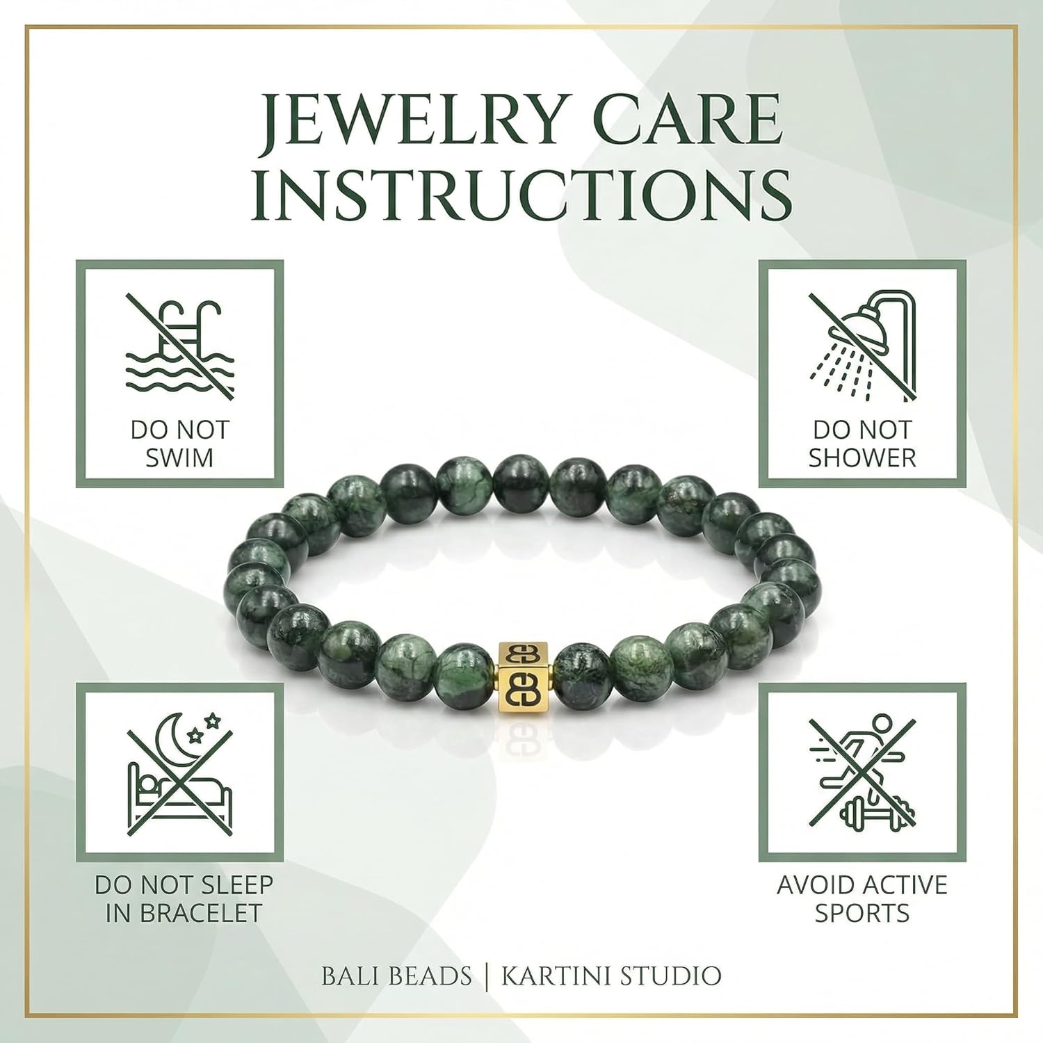 Kartini Studio Dark Green Jade and 22 Karat Gold Bracelet, Men's Jade Bracelet, Quality Bead Jewelry for Man