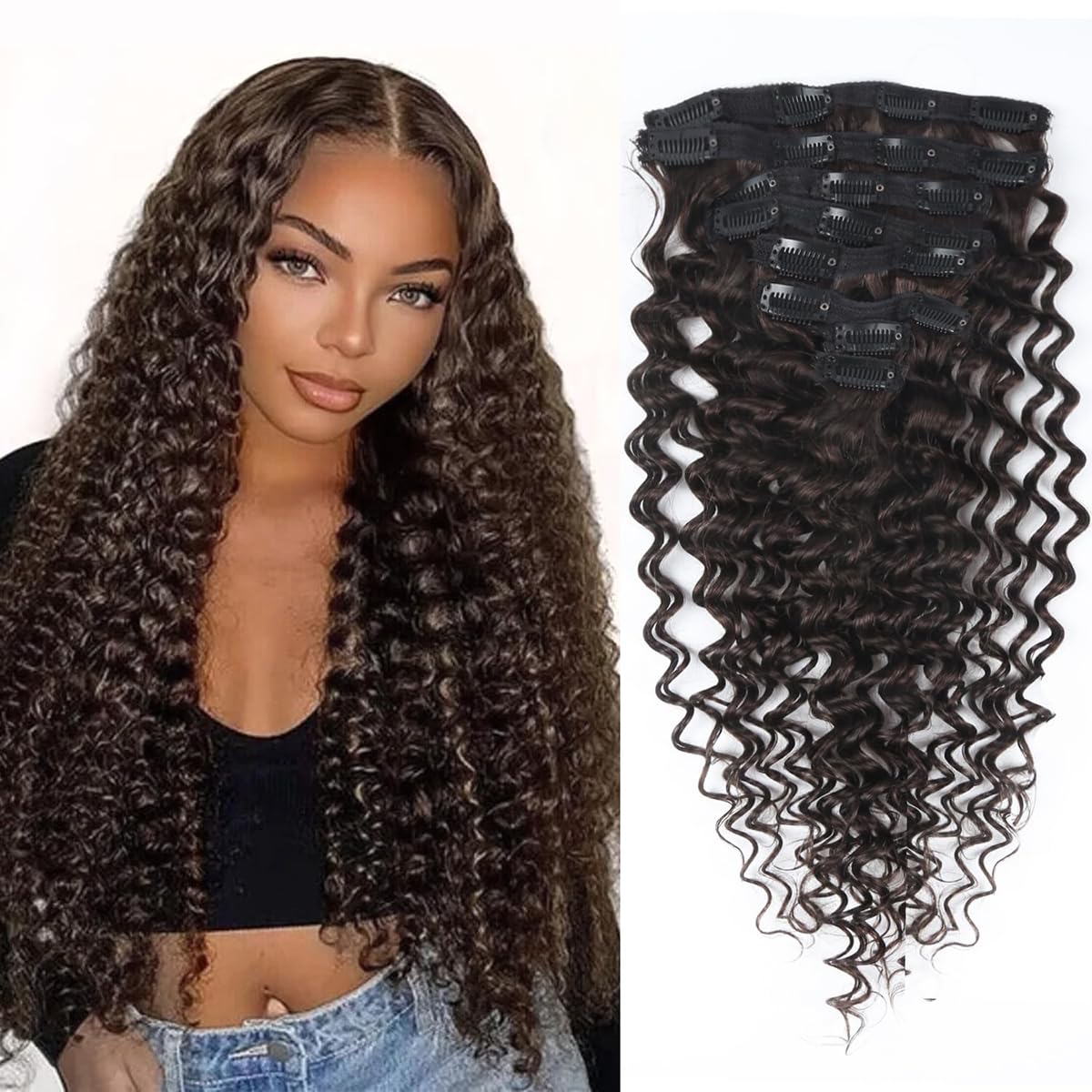 Curly Clip in Hair Extensions Real Human Hair 14 Inch 8PCS 100g Unprocessed Deep Water Wave Double Weft Hairpieces for Women Seamless Clip Ins Extensions Dark Brown