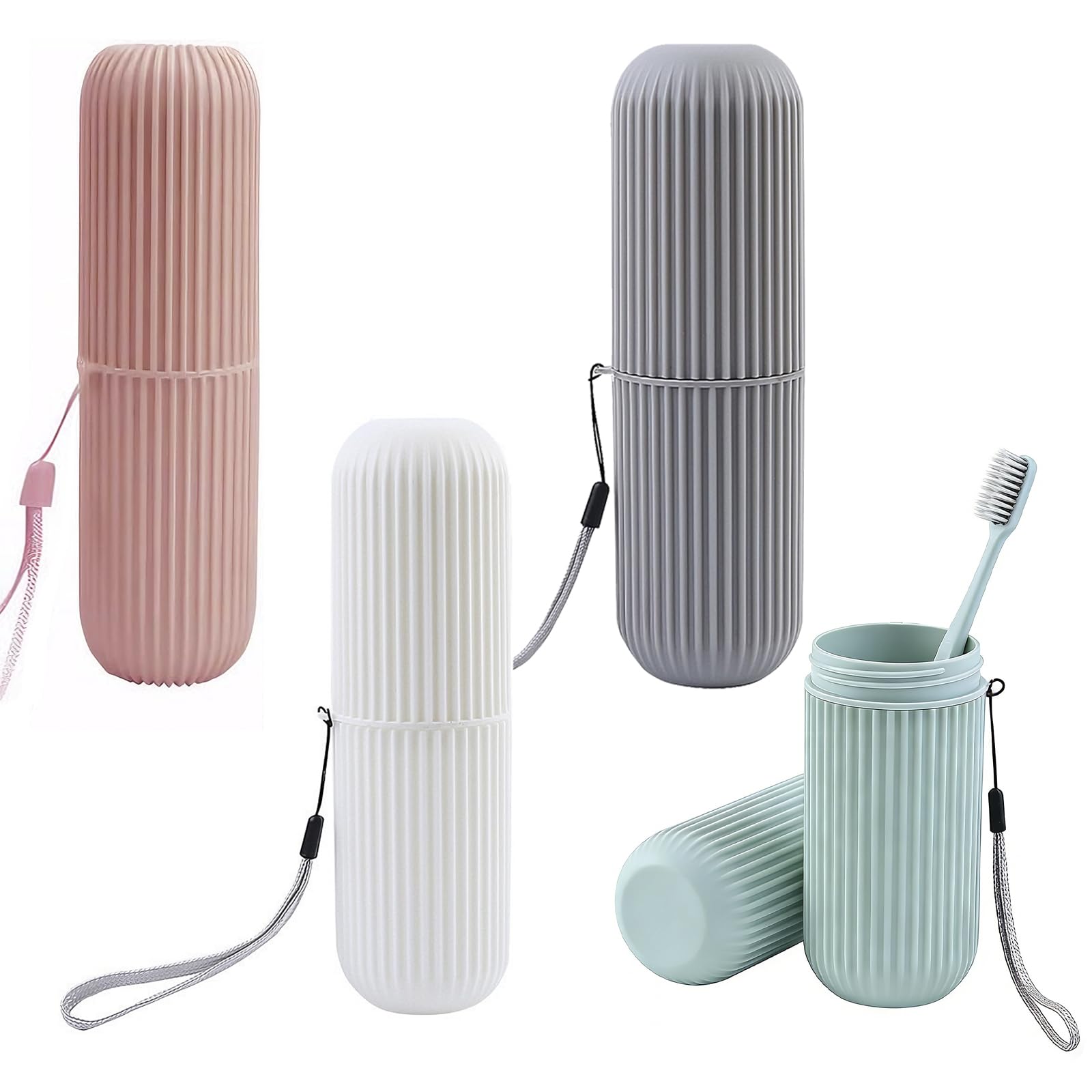 4Pcs Toothbrush Case, Toothbrush Travel Case, Ridged Design Portable Toothbrush Case with Carrying Strap for Camping Business Trip Holiday