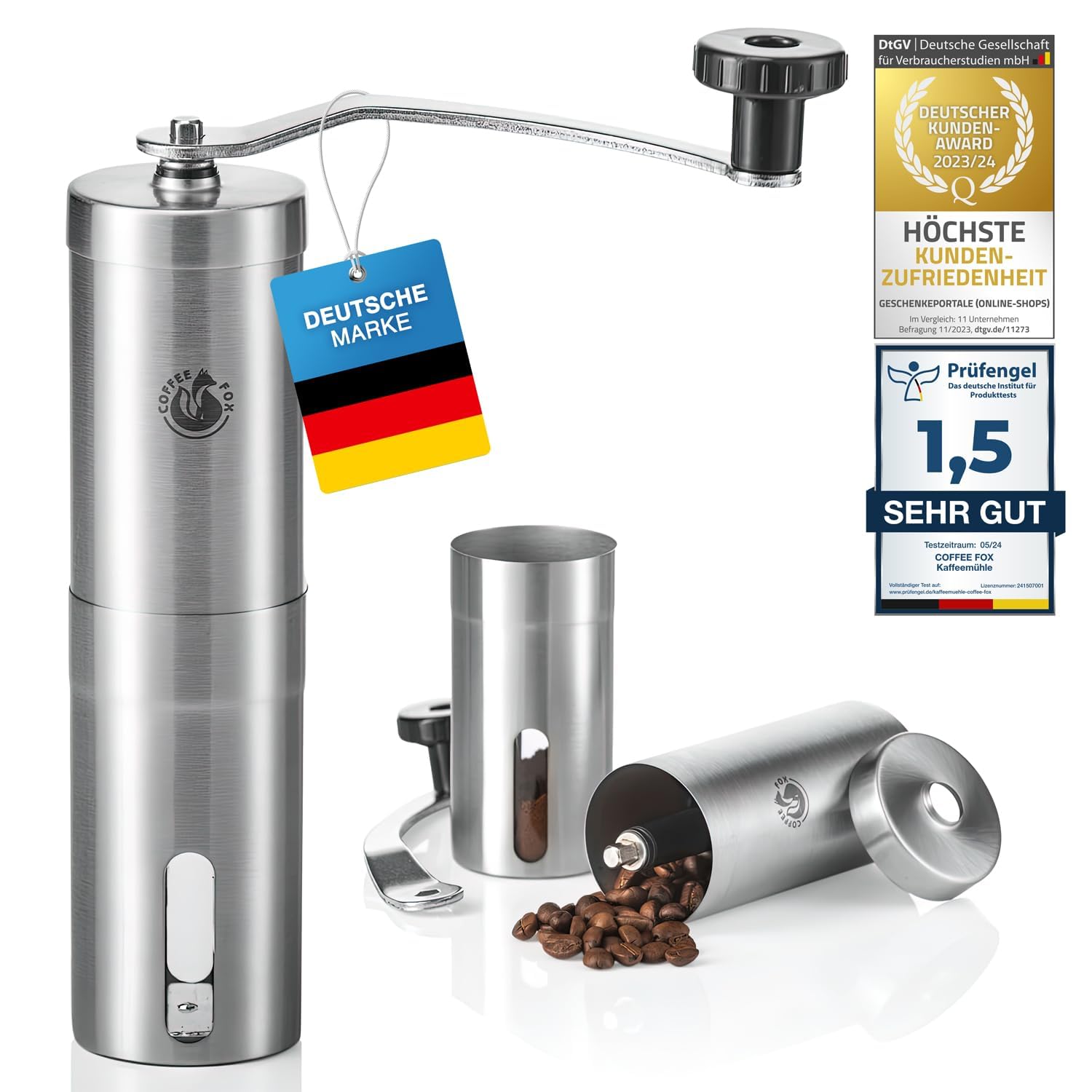 Coffee Fox ® Stal nierdzewna i ceramiczny młynek do kawy - Ręczny młynek do kawy dla domu, podróży, biura