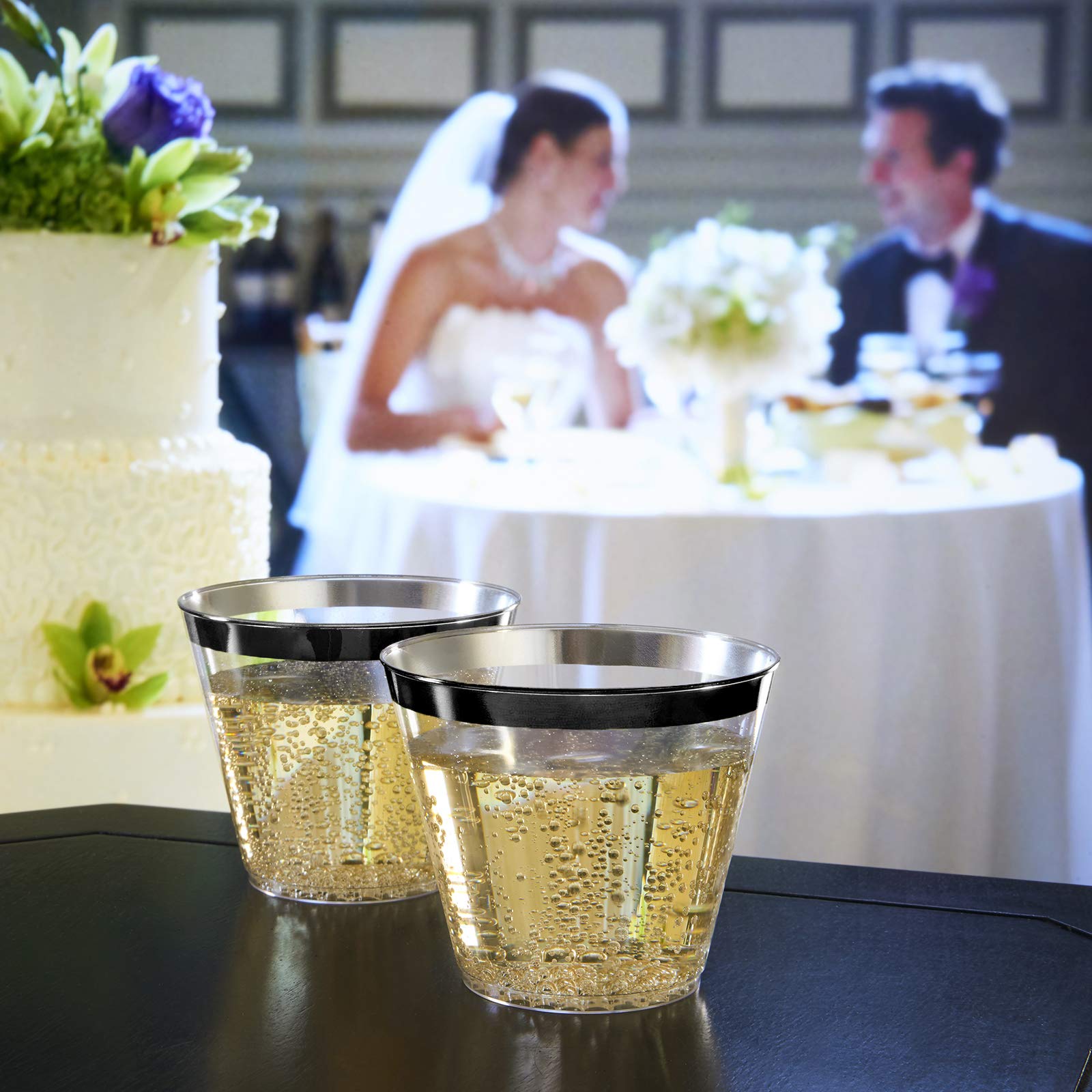 100 Black Rimmed Plastic Cups and 1 Silver Ice Tong Set - 9 Ounce Disposable Cocktail Glasses - Plastic Wine Cups - Black Party Decorations - Black Party Supplies