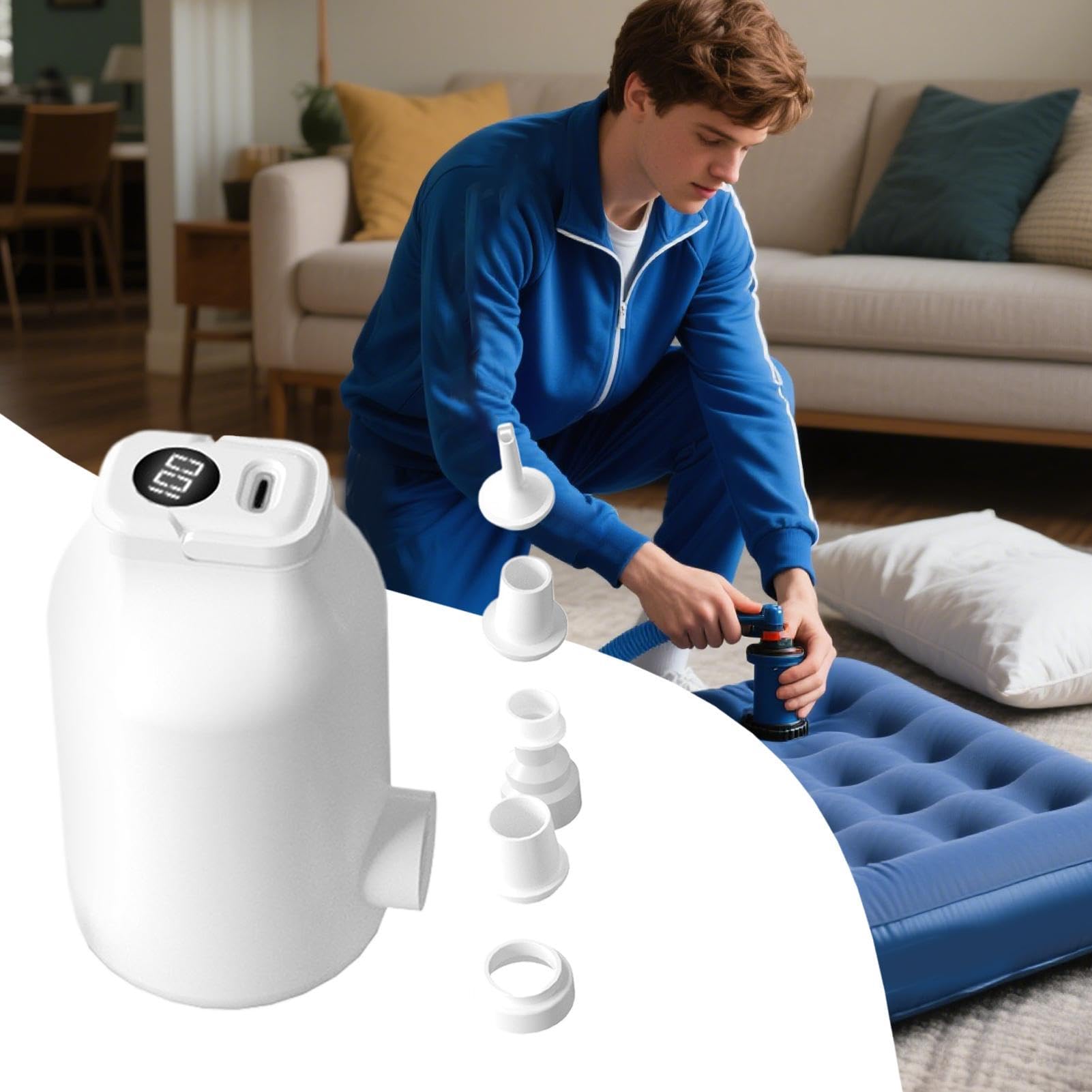 Pompe à air pour gonflables | 4500 Pa Petit écran numérique avec 5 buses | Pompe électrique de voyage | Pour sac de couchage, canapé, piscine, flotteurs, bouées, sacs sous vide