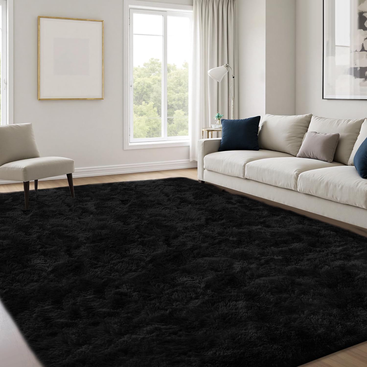 JOYARR Hochflor Wohnzimmer Teppich, Flauschig Waschbar rutschfest Moderne Teppiche Groß für Schlafzimmer Büro Esszimmer Kinderzimmer Spielzimmer, 140x200 cm, Schwarz