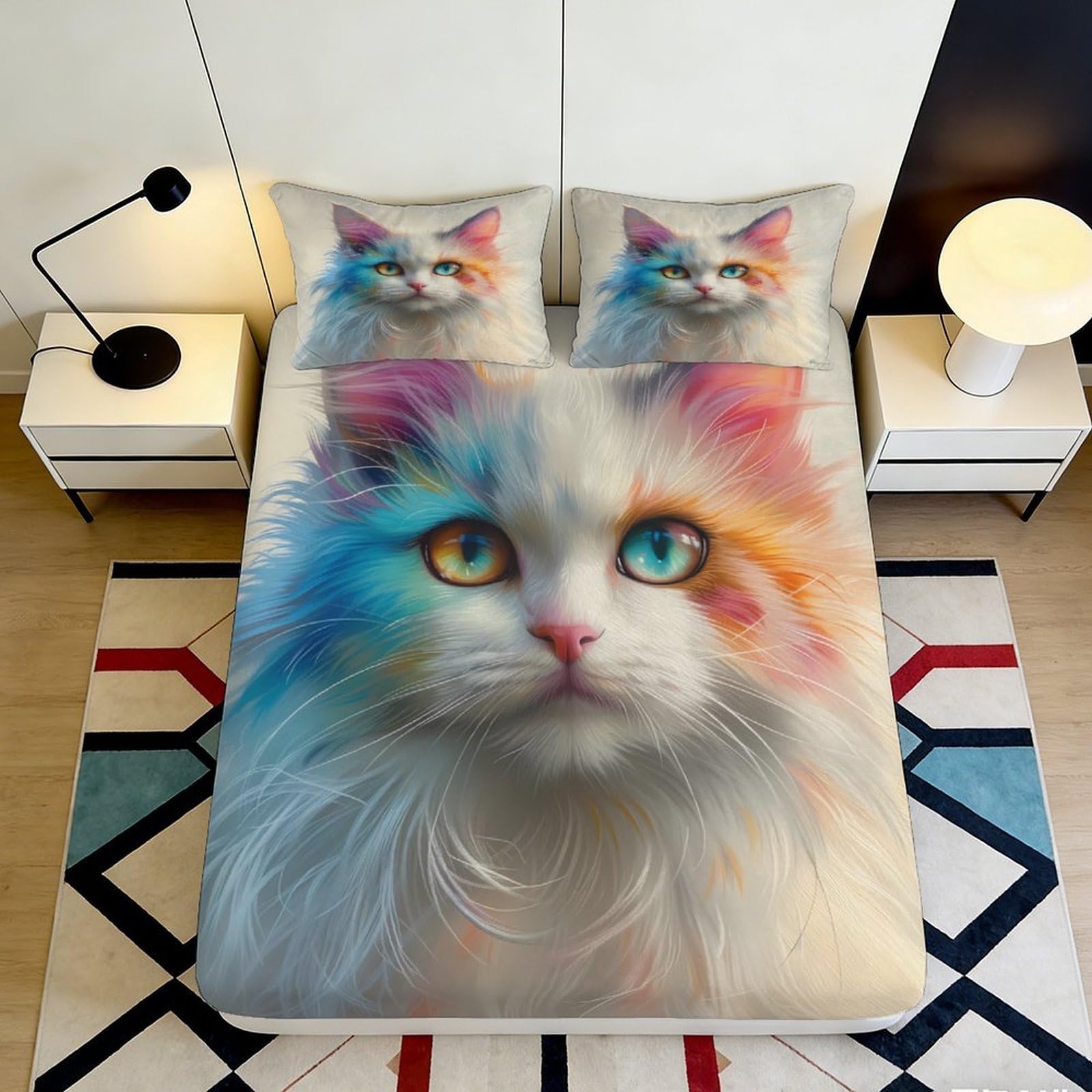 3D Printed Colorful Cat Fitted Sheet Microfiber Soft Bedroom Decor Artistic Animal Mattress Cover for Home Dorm 90x200x25cm