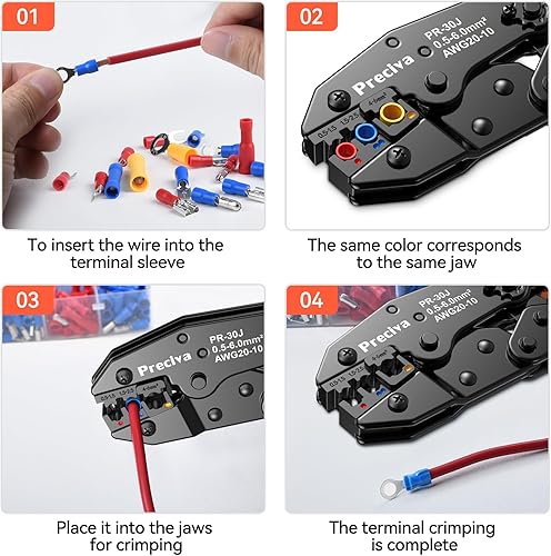 Miniatura 5 de Preciva AWG20-10 - Kit de herramientas de crimpado de terminales de cable con nuevo diseño de mango, herramienta de crimpado de trinquete aislada