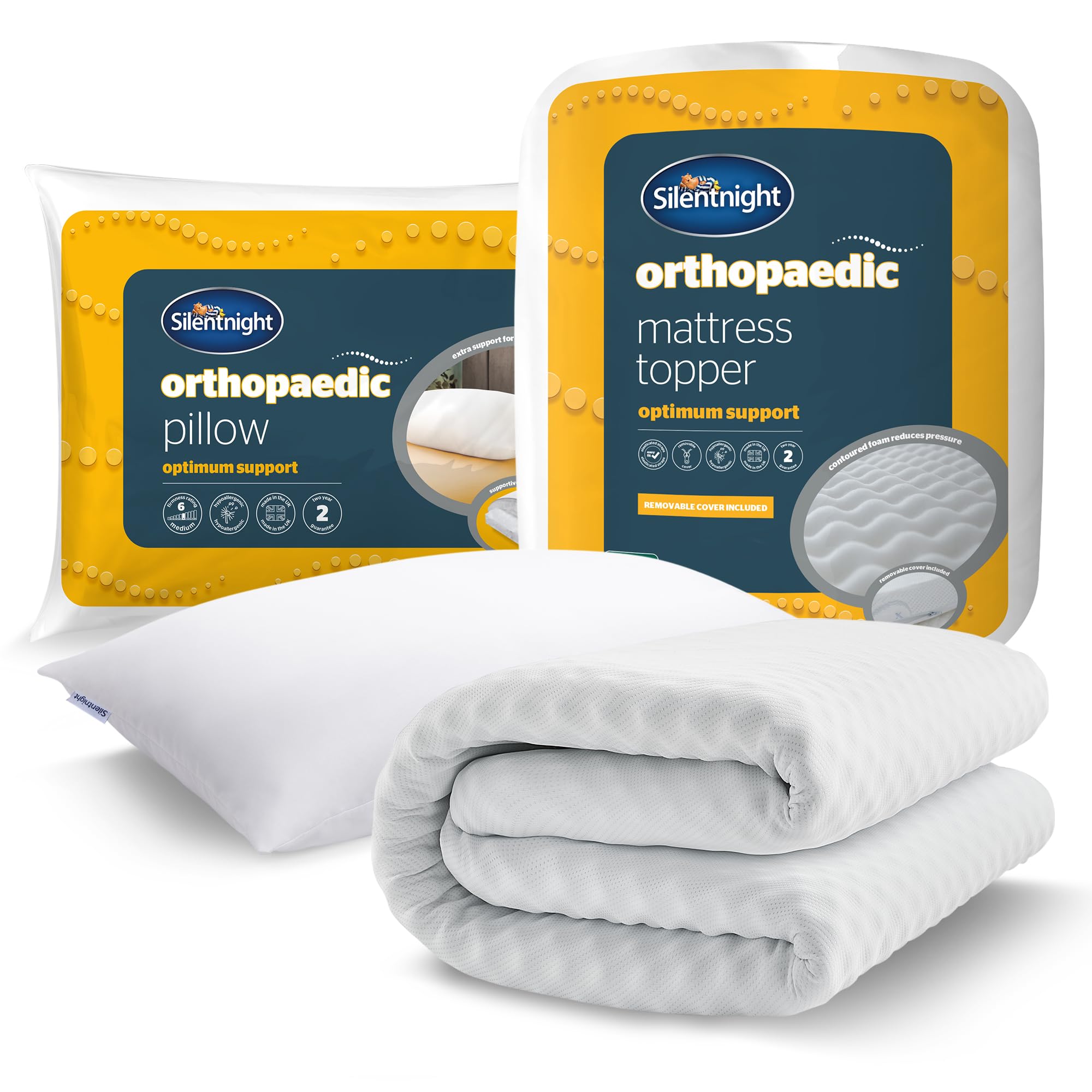 Silentnight Mattress Topper + Pillow Orthopaedic Pillow And Mattress Topper - Supportive Foam To Ease Aches And Pains - Pressure Relief And Spinal Alignment For Back And Neck - Soft Touch Cover, Hypoallergenic, Single