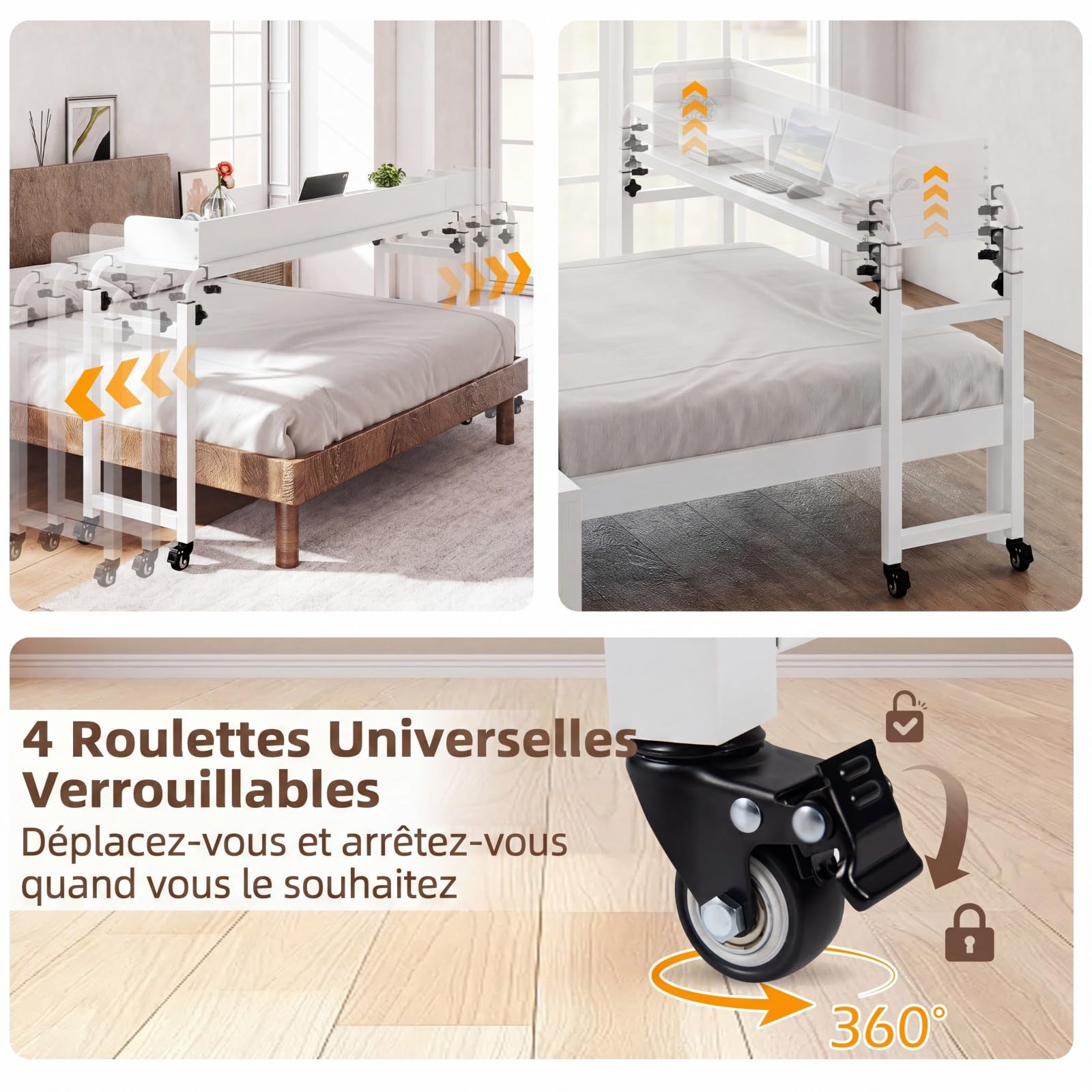 COSTWAY Table de lit Roulant, Bureau Mobile au-Dessus du Lit Hauteur(73,5 à 102 cm) et Longueur(135,5 à 206 cm) Réglable, Table d'appoint pour Ordinateur, pour Chambre, Canapé, Hôpital (Blanc)