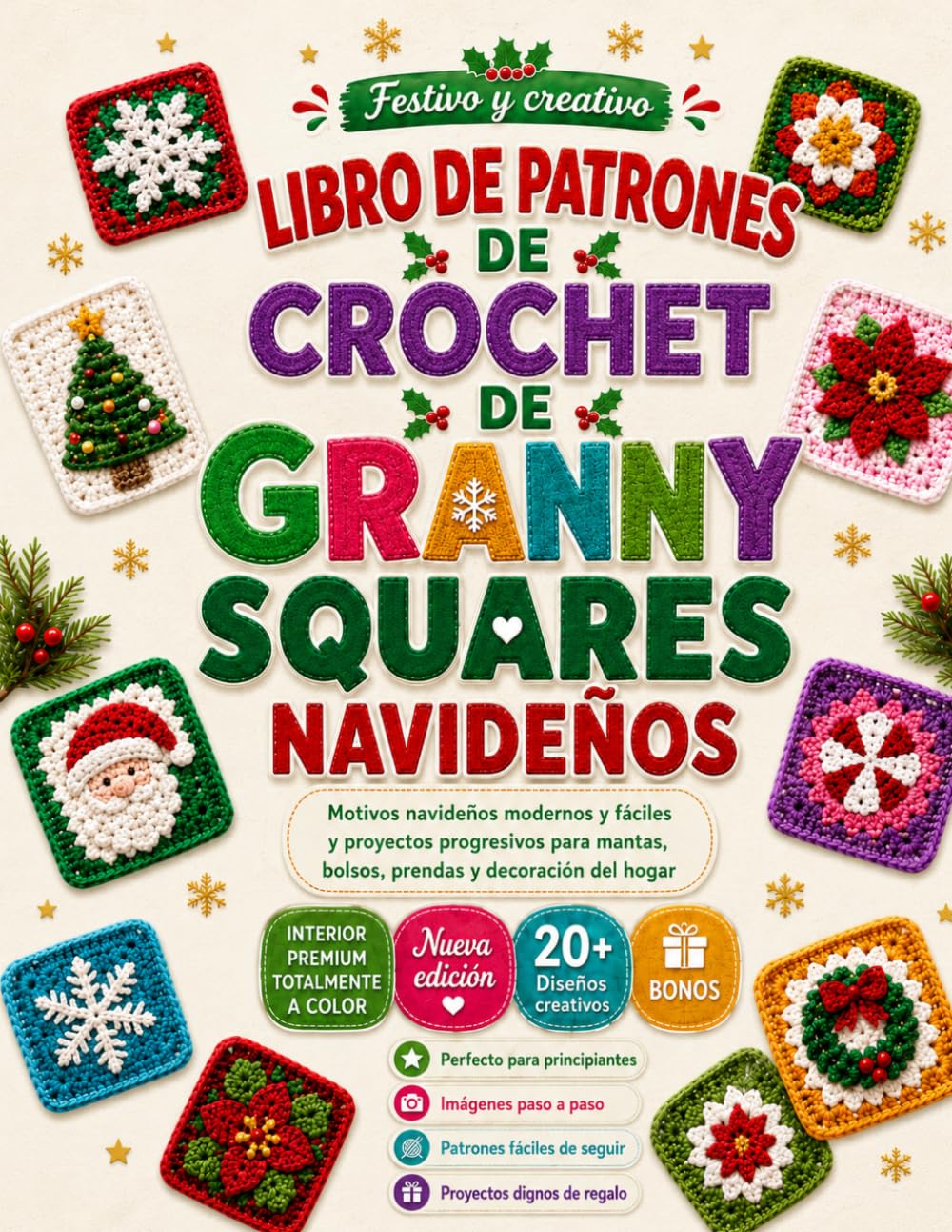 LIBRO DE PATRONES DE CROCHET DE GRANNY SQUARES NAVIDEÑOS: Motivos navideños modernos y fáciles y proyectos progresivos para mantas, bolsos, prendas y decoración del hogar