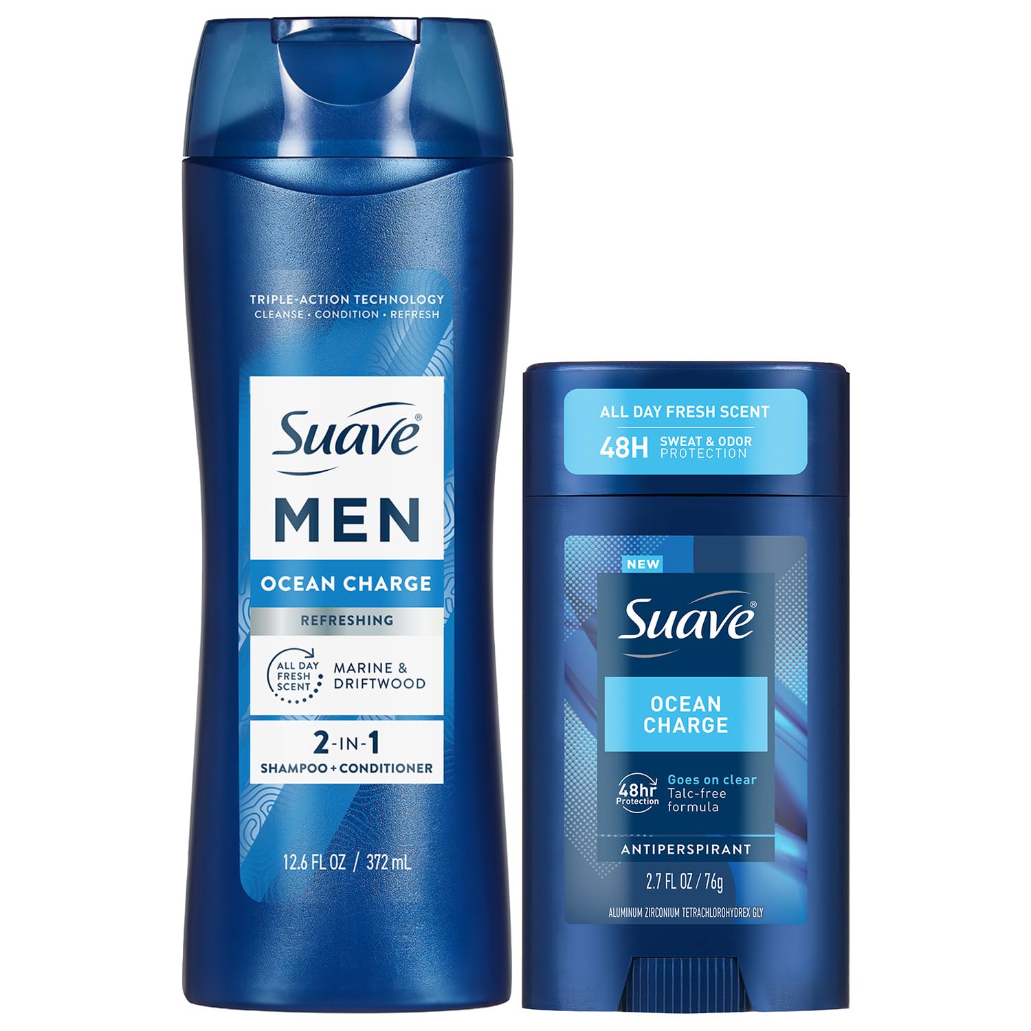 Suave Men’s 2-in-1 Shampoo and Conditioner, Ocean Charge + Antiperspirant Deodorant for Men, Ocean Charge, 48H Sweat & Odor Protection (2 Piece Set)