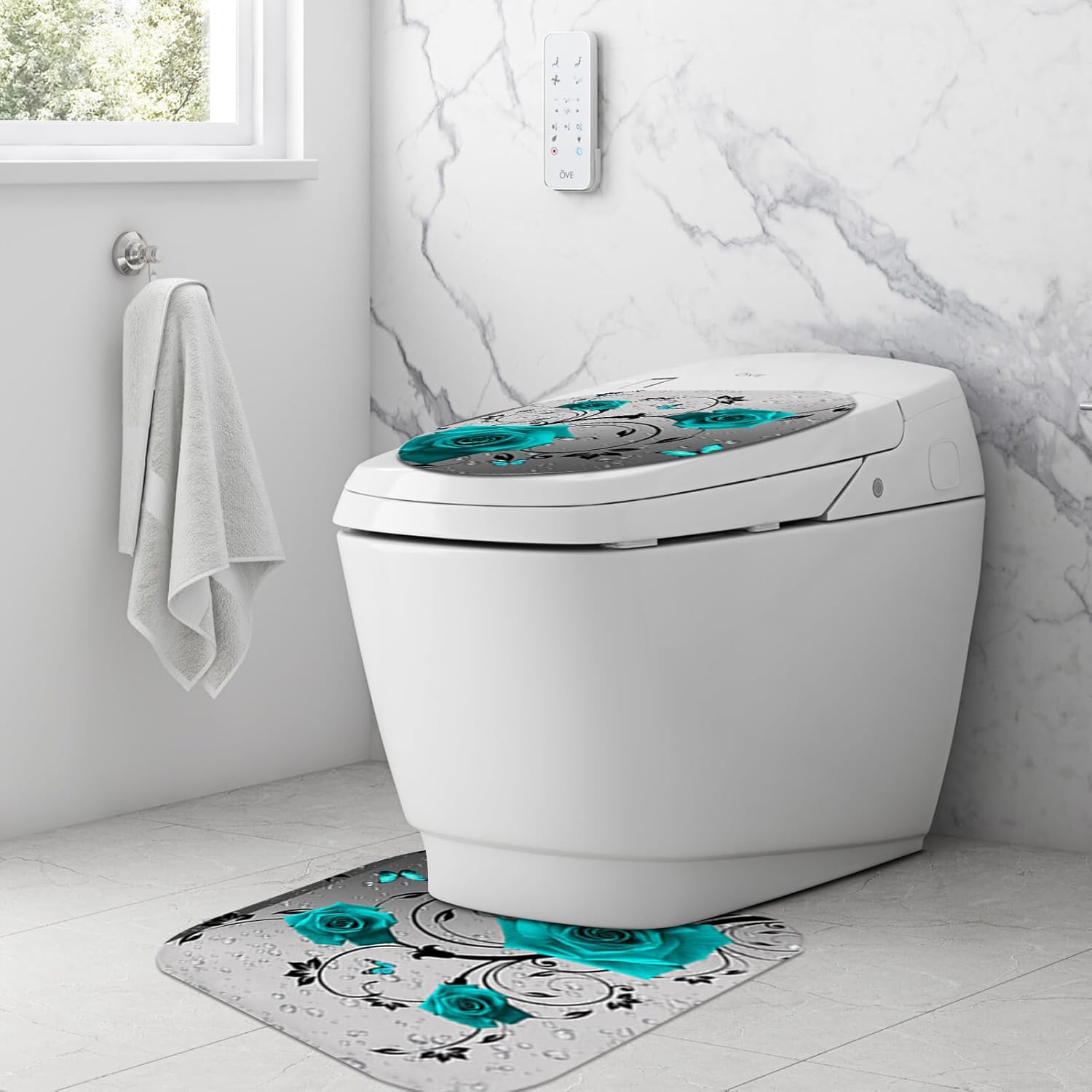 Red Bathroom Set, Valentine's Day Waterproof Rose Shower Curtain Set, No-Punch Bathroom Shower Curtain with Non-Slip Rug, Toilet Lid Cover, Bath Mat, Romantic Decor for Bath (Cyan)