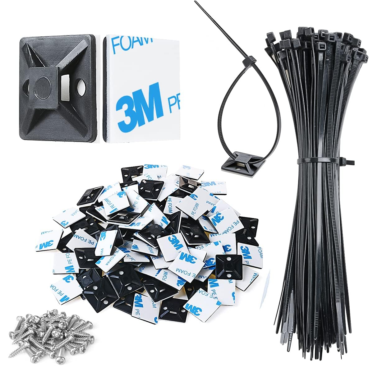 200pcs 3/4" Back-Glue Self Adhesive Black Strong Cable Zip Tie Mounts with 8" Ties, Screws, UV Protection Outdoor Sticky Wire Fasteners Cable Clips Management Anchors Organizer Holders Squares