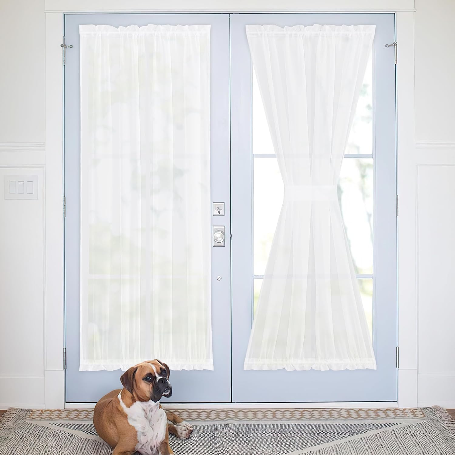 NICETOWN 2 Panels French Sheer Door Curtain Panel, Voile Light Filtering, Rod Pocket Window Treatment for Front Back Patio Glass Door/Bedroom/Living Room/Room Divider (40 x 72 Inch, White)