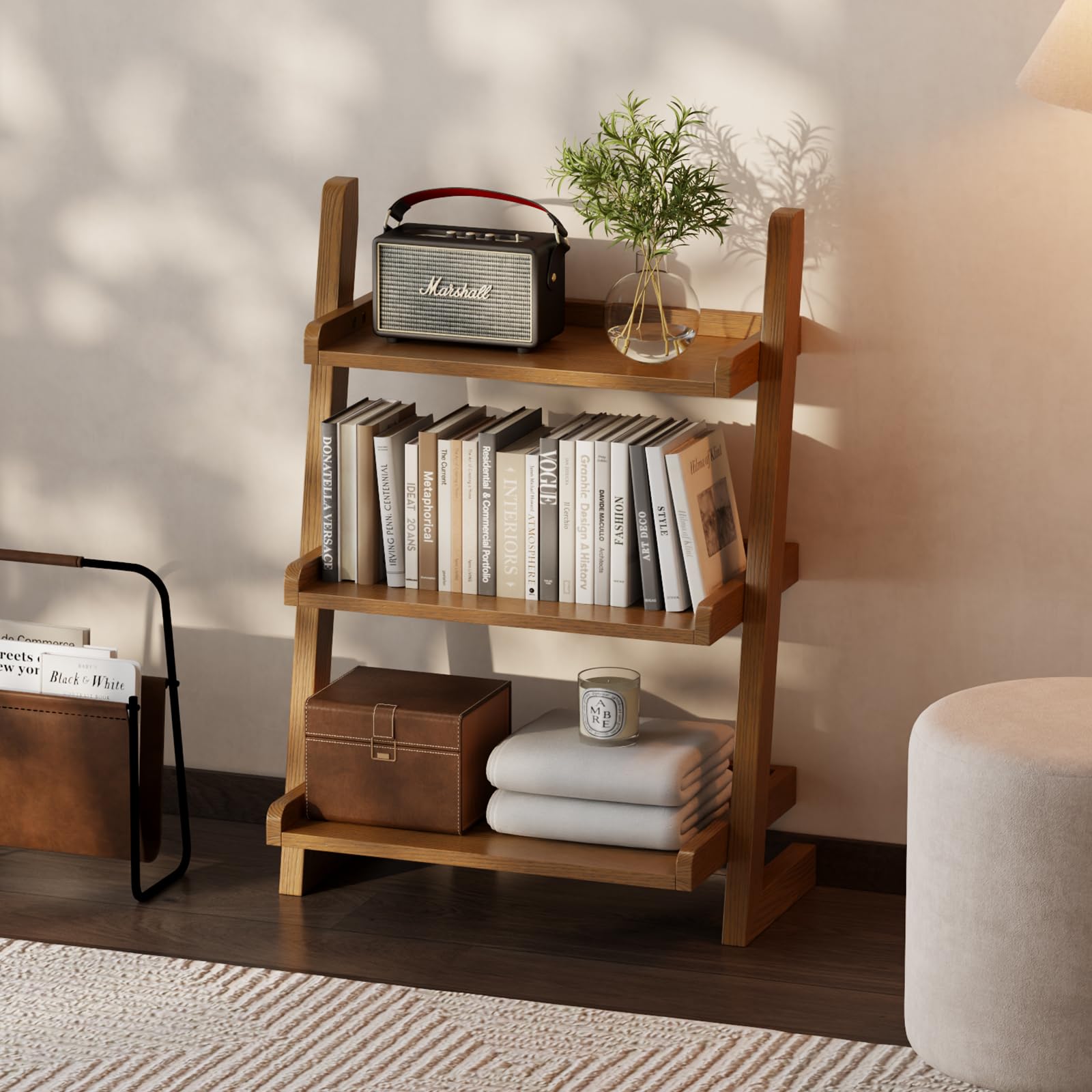AQIMUELE Solid Wood Ladder Shelf, Leaning Bookshelf, Walnut, 3-Tier