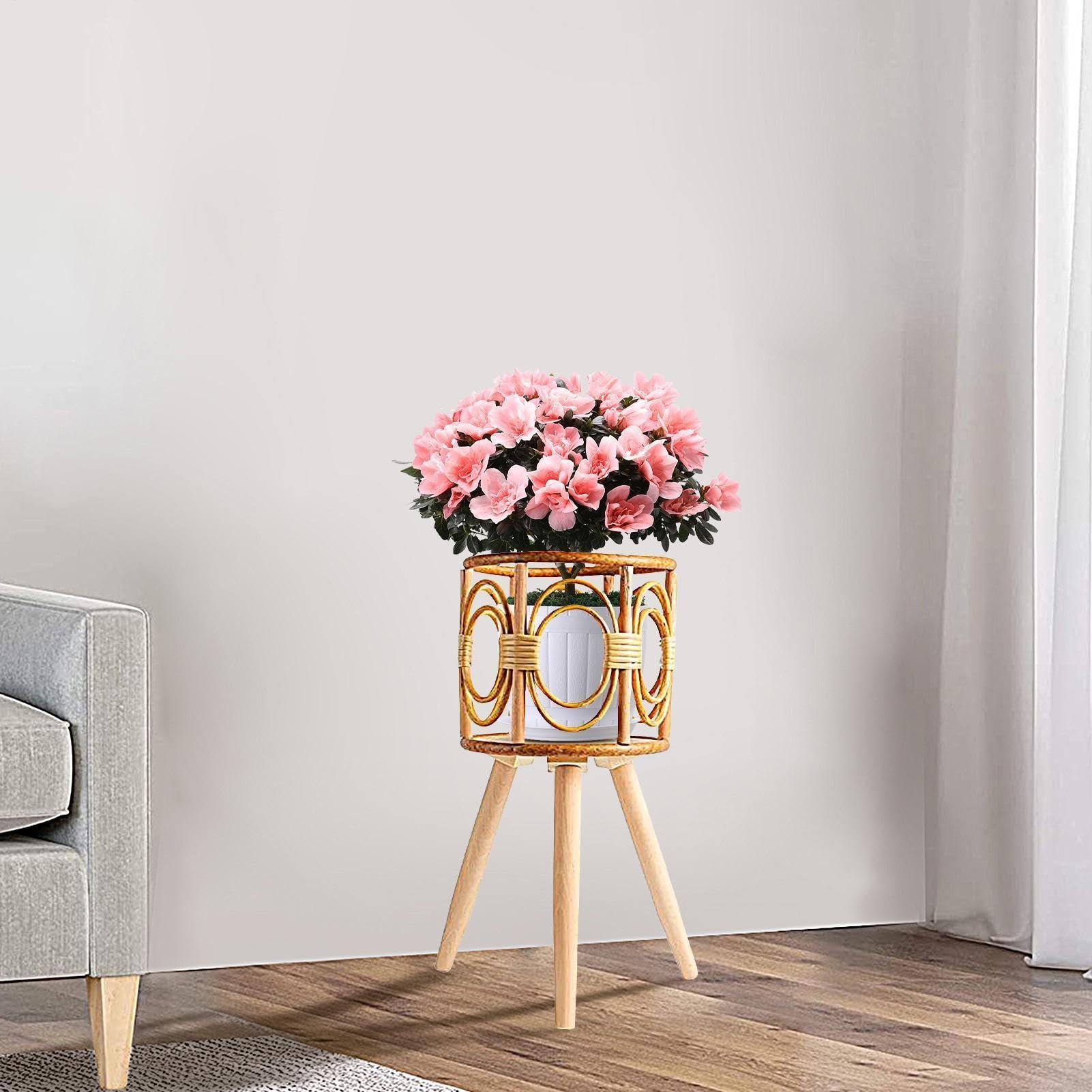 Rattanowy Kwietnik Ręcznie Robiona Drewniana Półka Na Rośliny Boho | Stojący Podłogowy Stołek Półka Na Kwiaty Sukulenty Salon Gabinet Biurko Wewnątrz Na Zewnątrz Patio Balkon Oraz