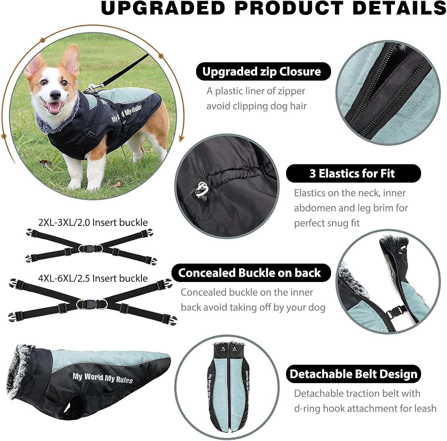 PETCUTE Waterproof Dog Winter Coat,Warm Pet Coats with Harness and Collar,Warm Fleece Lining Dog Jacket for Winter Cold Weather,Adjustable Reflective Dog Apparel Clothes for Puppy Small Dogs