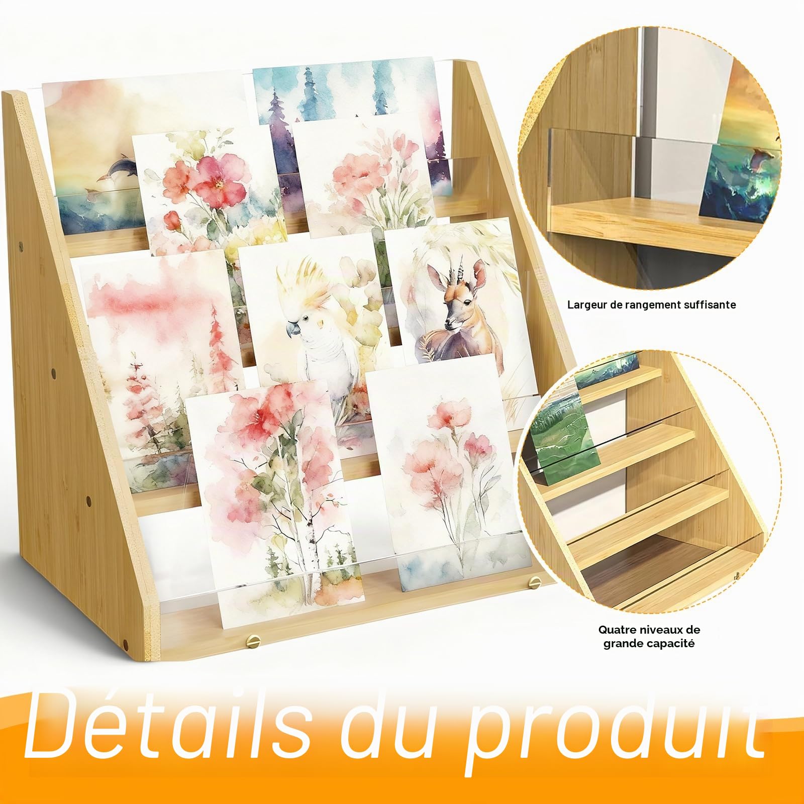 4 Niveau Presentoir Carte Postale en Bambou, Présentoir Support Carte pour Vente au Détail D'Autocollants Livre Visite Bureau Beige