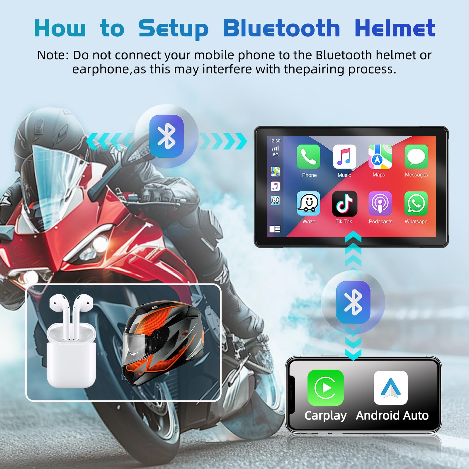 Podofo Motorrad-Navigation mit Kabellosem Carplay Android Auto, 7-Zoll Touchscreen, Portable Motorrad Radio mit Bluetooth, GPS-Navigation, FM-Transmitter, TF-Karte, USB, EQ