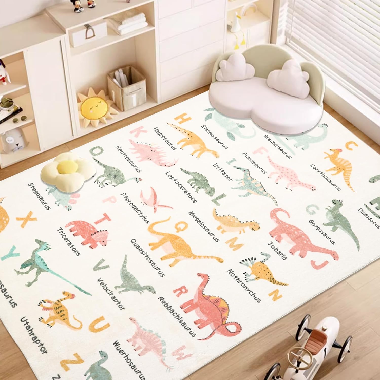 Dinosaur Rug ABC Animal Kids Play Mat Large Alphabet Bedroom Carpet Cartoon Dino Alphabet Playtime Educational Area Rug for Child Classroom Playroom,5x6.6Ft