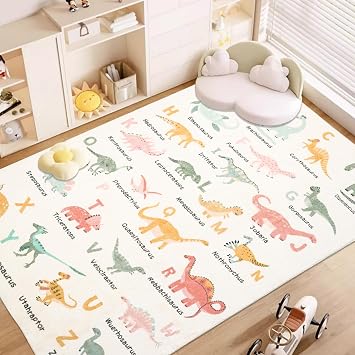 Dinosaur Rug ABC Animal Kids Play Mat Large Alphabet Bedroom Carpet Cartoon Dino Alphabet Playtime Educational Area Rug for Child Classroom Playroom,5x6.6Ft