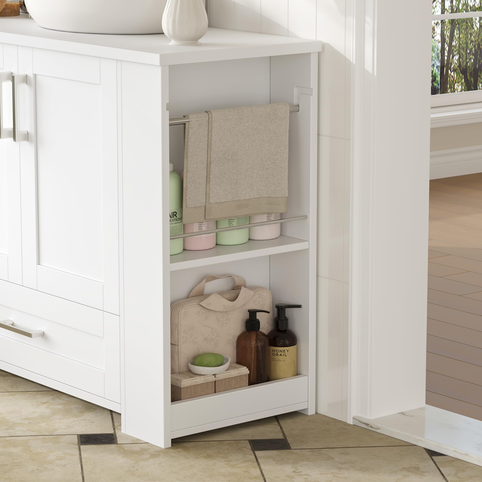 FOREHILL 80cm Mueble Baño Lavabo, Mueble Lavabo con Pie, Blanco | Mueble Baño, con 2 Portarrollos, 2 Puertas, 1 Cajón, 4 Estantes Abiertos, 80x30x63,5cm