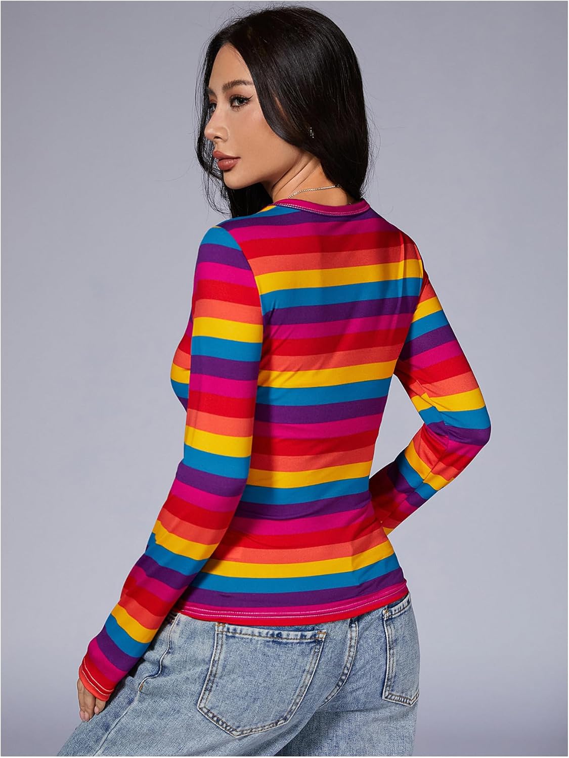 Floerns Women's Rainbow Striped Long Sleeve Round Neck Slim Fit Casual Tee Shirt Top - Image 2