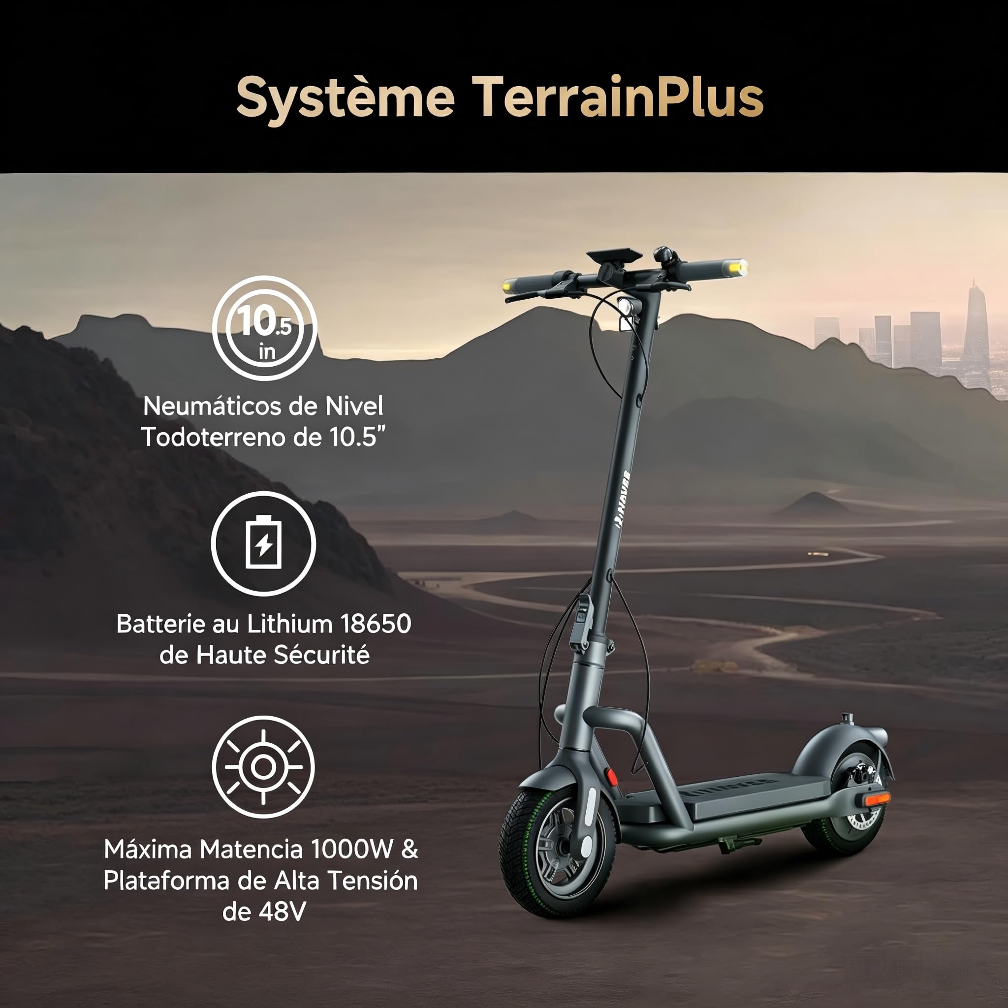 NAVEE N65i Trottinette Electrique Adulte 65KM Autonomie, Moteur 1000W, Trotinette Électrique Pliable, App & Clignotants, Absorption Double des Chocs, Pneus tubeless Tout-Terrain de 10,5″, TCS