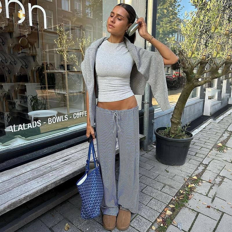 heyheyshine Women's Striped Wide Leg Pants Elastic Drawstring High Rise Straight Legged Trousers Pajama Pants with Pockets4