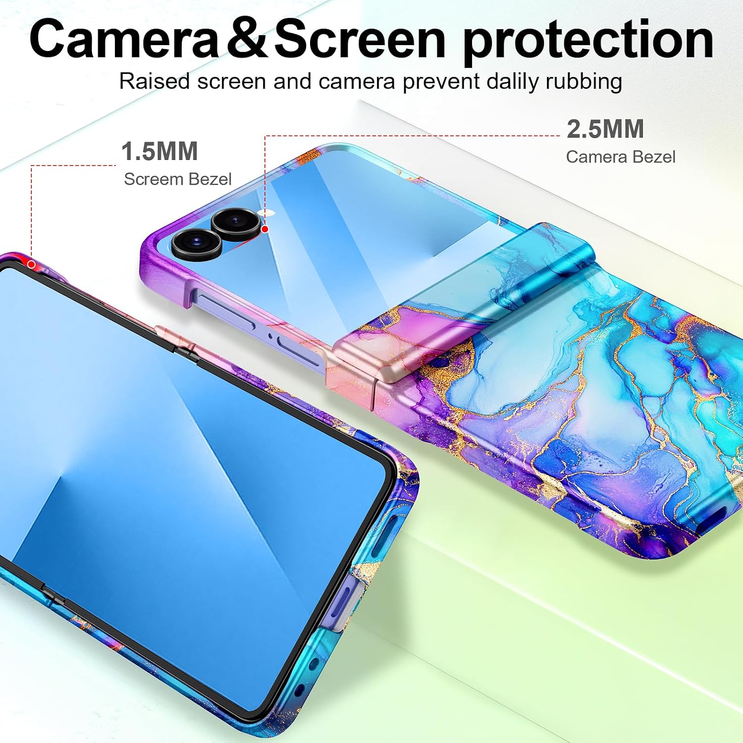 Btscase for Samsung Galaxy Z Flip 7 Case,Built in Front Screen Protector,Gold Glitter Marble Pattern Hard PC Slim Shockproof Full Body Drop Protective Case for Galaxy Z Flip 7 5G (2025), Colorful