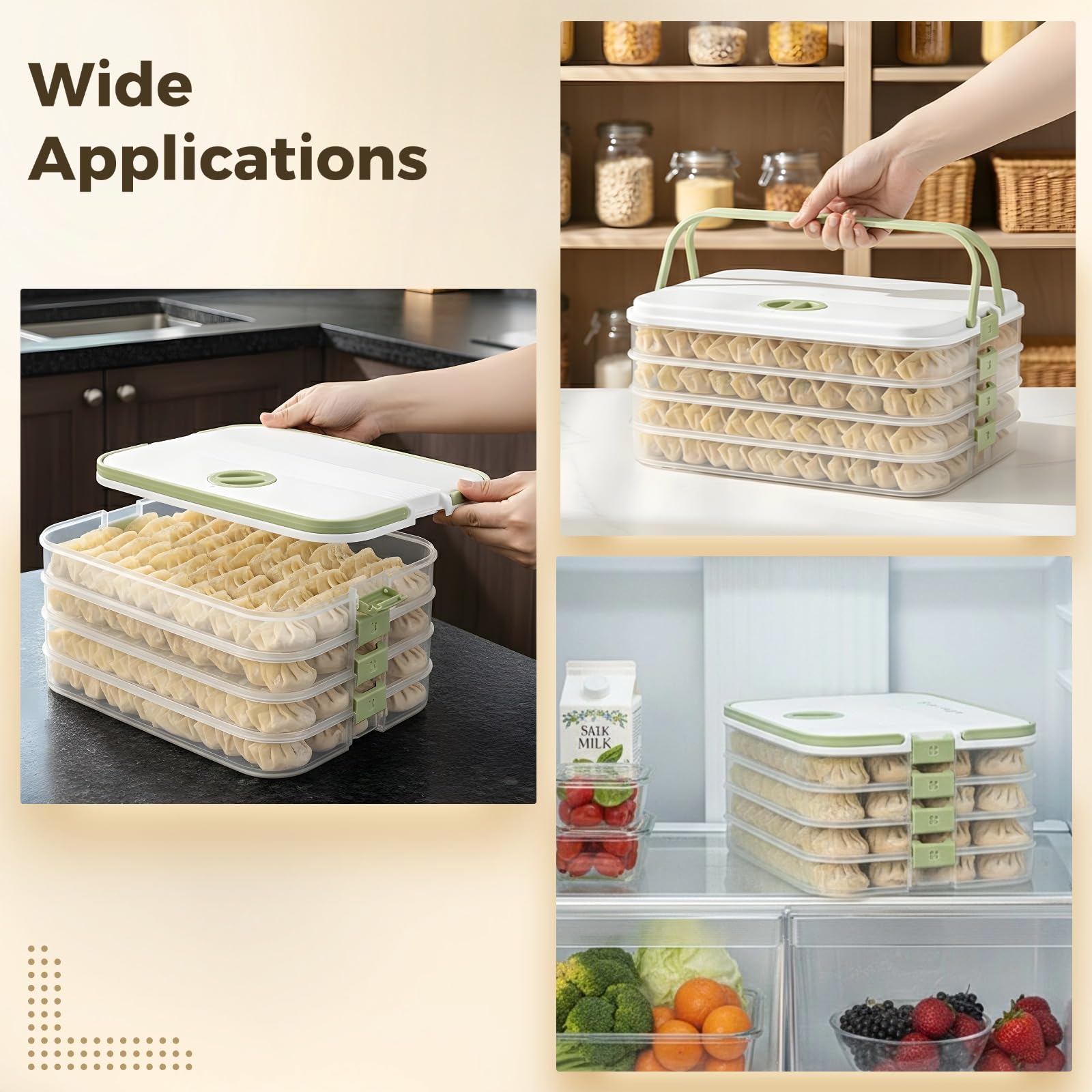 Dumpling Aufbewahrungsbehälter, 4-lagiger stapelbarer Organizer für Tiefkühl-Lebensmittel mit tragbarem Griff, verschlossene Kühlschrankbox für Dumplings, Cookies, Gebäck, 30 cm x 22,5 cm x 14,5 cm