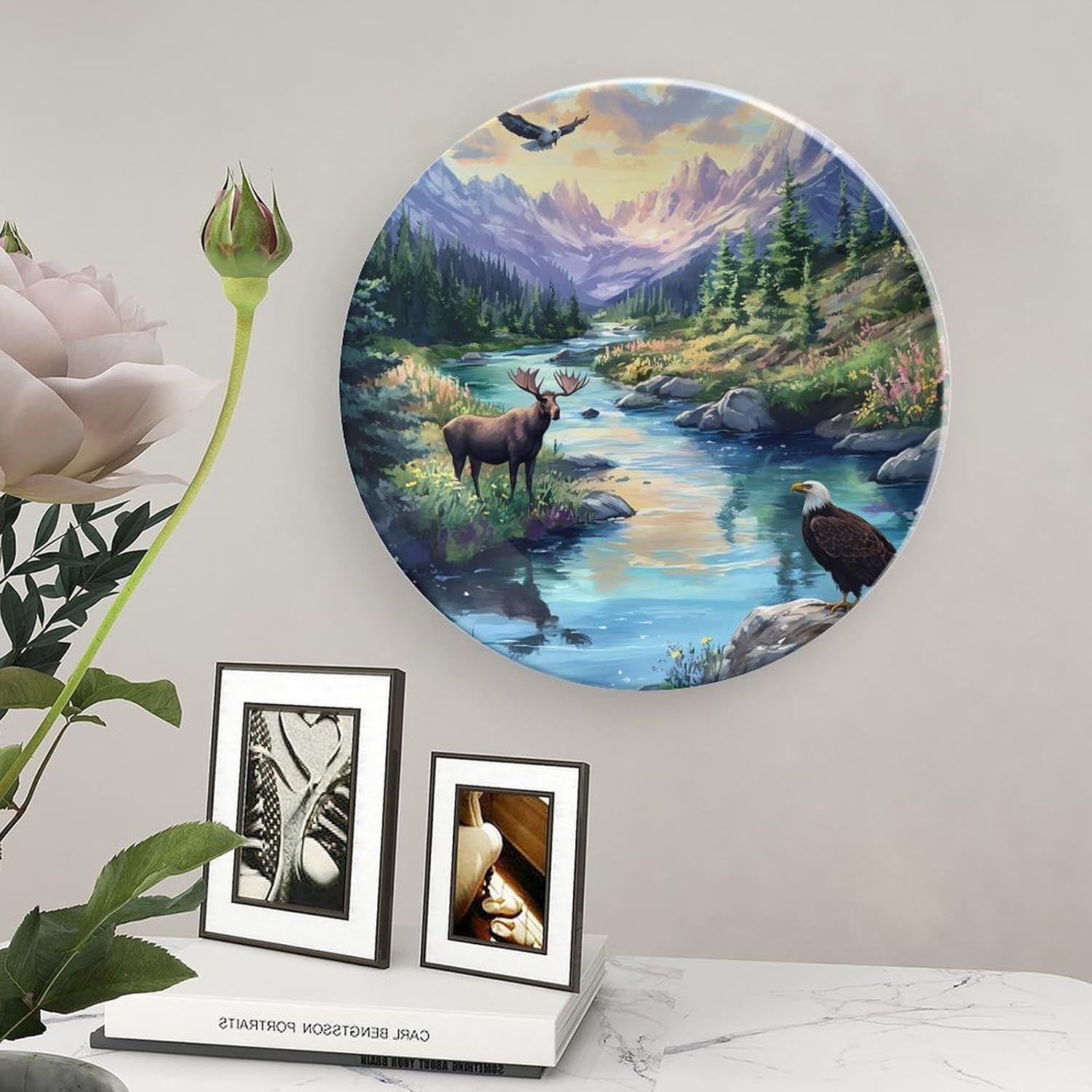 Mooses Eagle1 In The Mountains Decorative Plates for Display Ceramic Plate Tray with Stand Hanger Home Decor