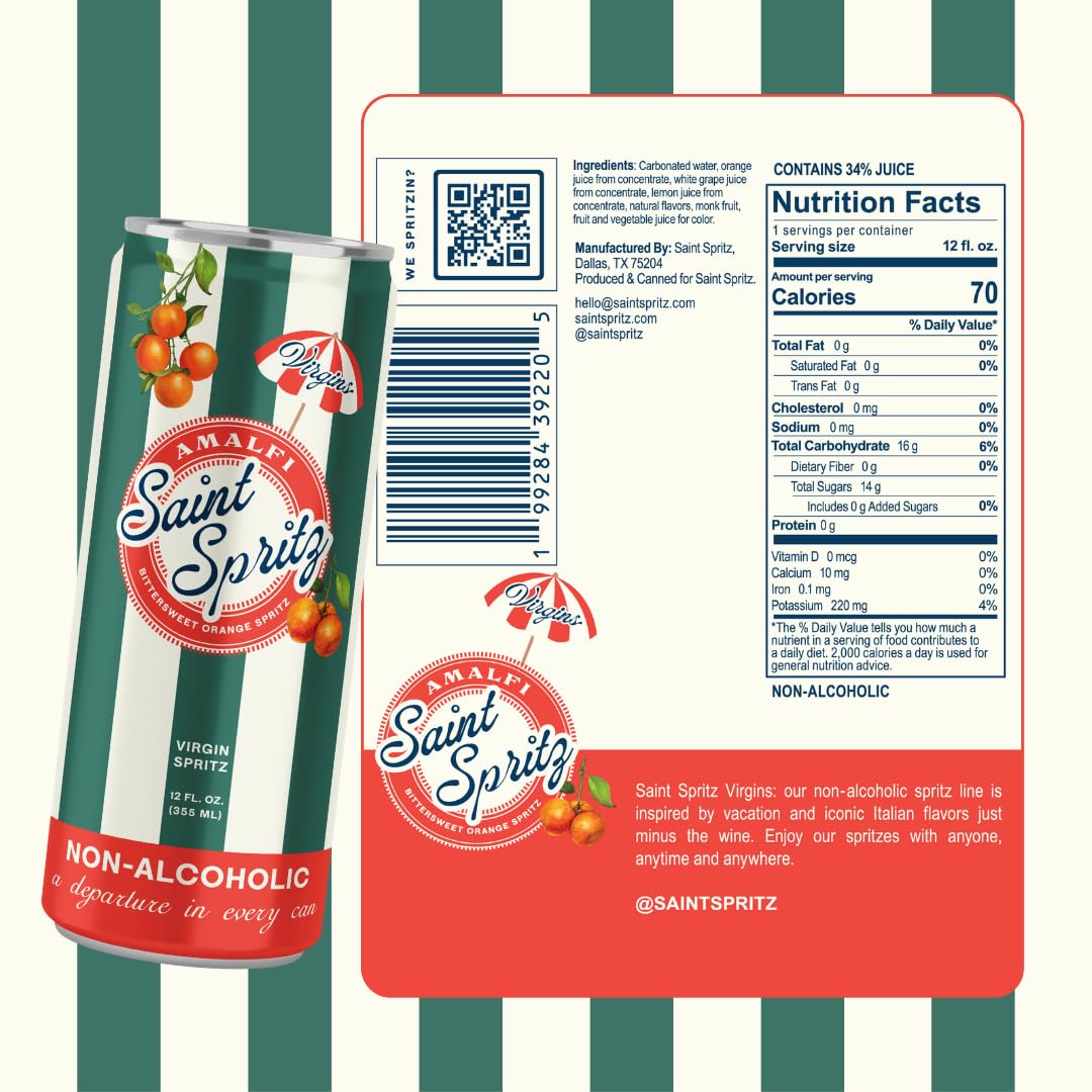Virgin Amalfi Spritz (12-Pack) – Bittersweet Orange Non-Alcoholic Spritz in a Can – Natural Juice, Lightly Sparkling Italian-Inspired Aperitif Drink – Premium Non Alcoholic Drinks & Spirits – Saint Spritz Virgins