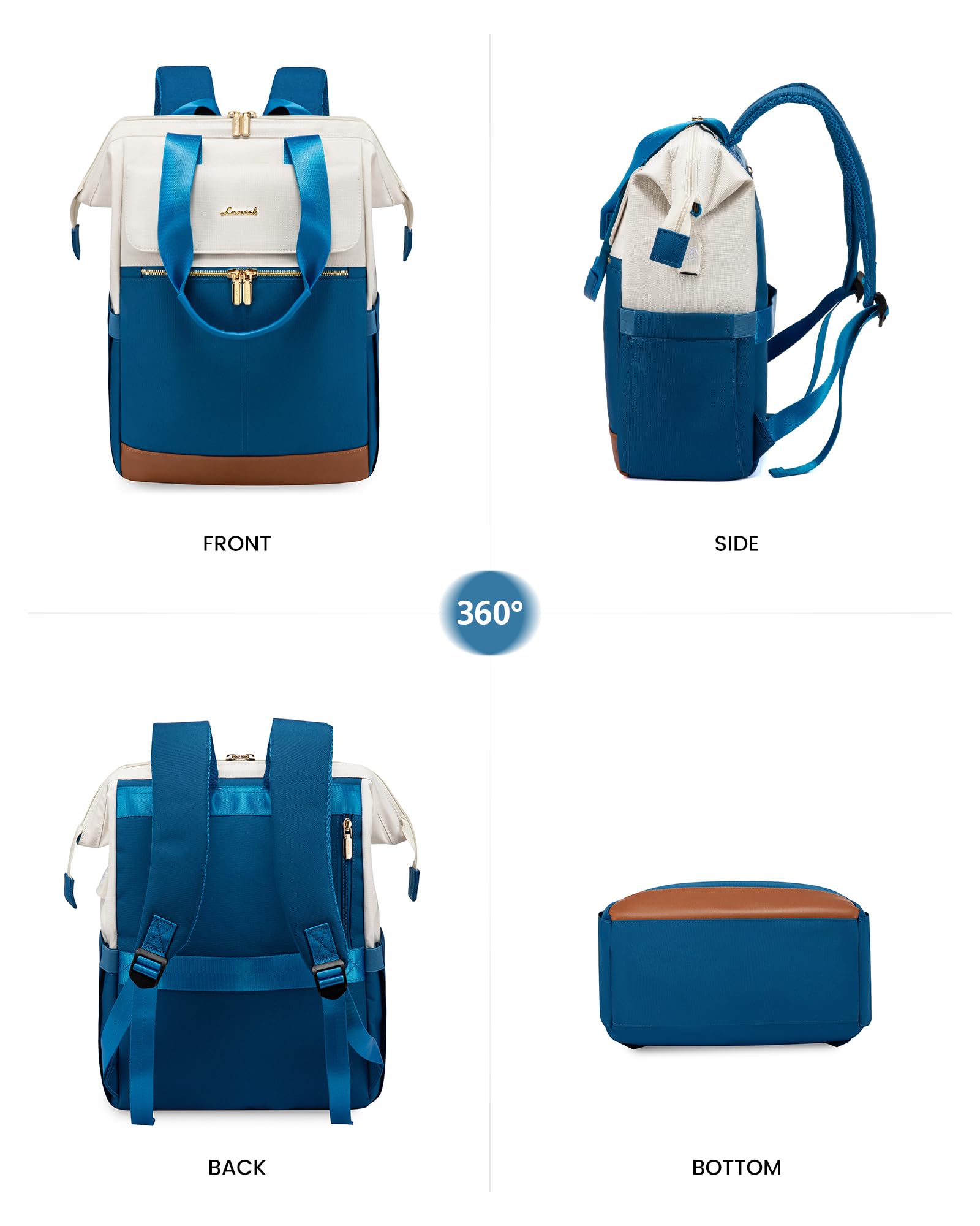 LOVEVOOK Zaino Blu, Zaino Scuola Ragazze con Scomparto per Laptop 15,6 Pollici, Zaino da Viaggio Impermeabile, Borsa da Lavoro per Insegnanti e Viaggi per Scuola Università Ufficio, Beige-Blu