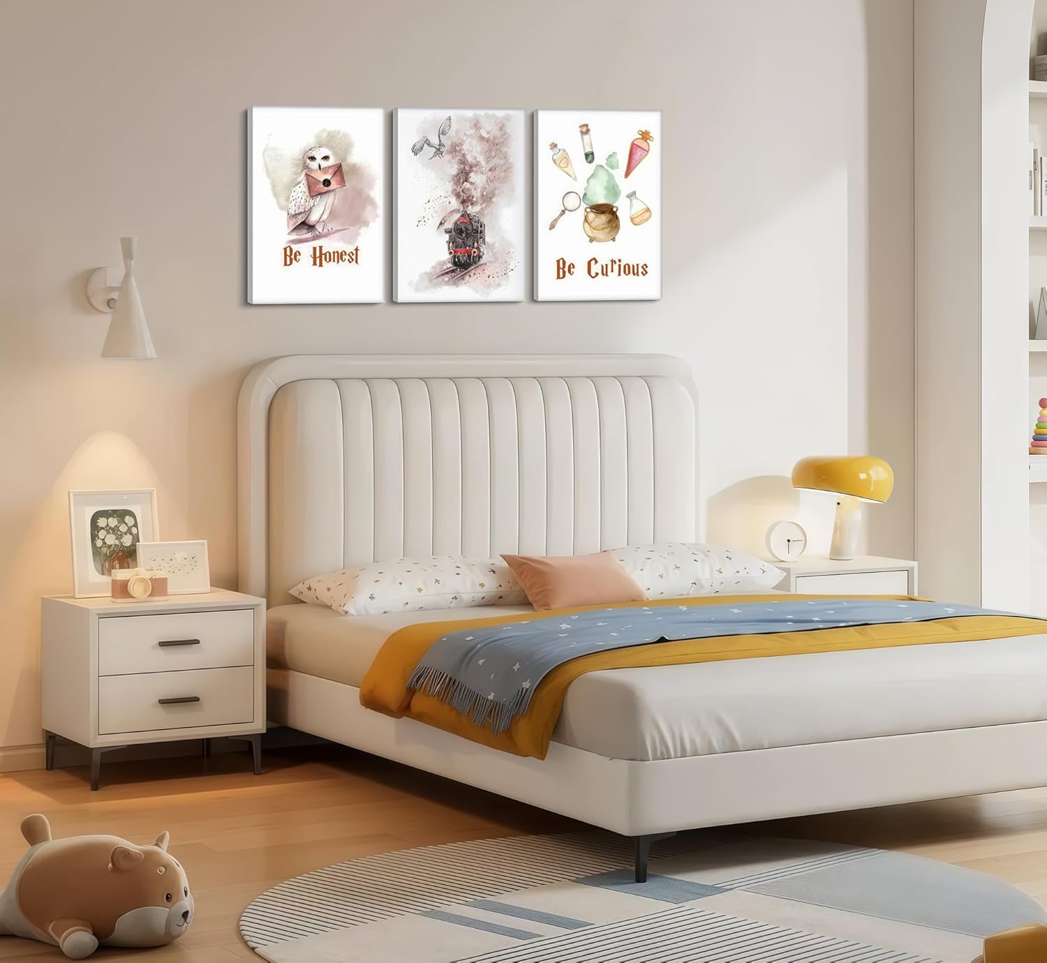 3Pcs Owl Express Train Magic Canvas Wall Art Vintage Watercolor Animal Painting Picture Wall Decor Magic Lovers Honest be Curious Poster Print Artwork for Dormitory Bedroom Nursery Home Decoration