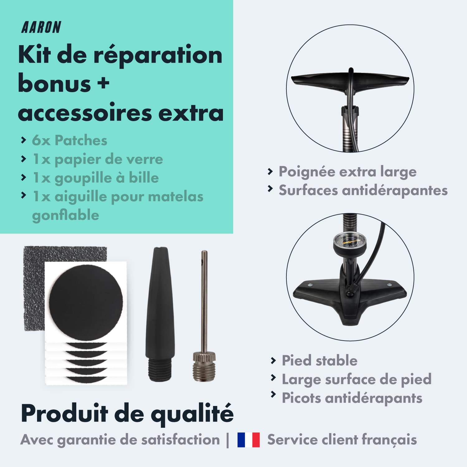 AARON - Pompe à Pied pour vélo Sport One - avec manomètre/pour Tous Types de valves/Haute Pression - avec Aiguille à Ballon - pour vélo électrique/VTT/vélo de Course/Autre