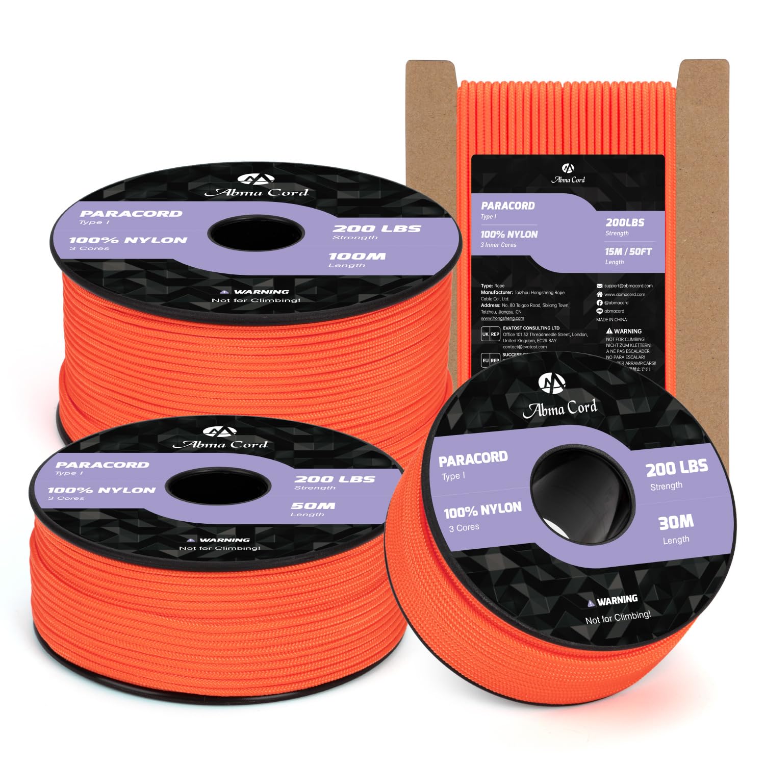 Abma Cord 2mm Paracord 15m Nylon Rope 3 Strands Type I Cord for DIY, Camping, Outdoor - Max. 90kg (200lbs) - Neon Orange