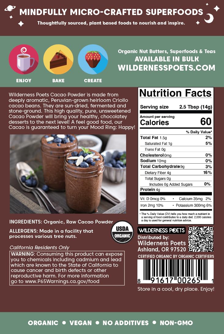 Wilderness Poets, Organic Cacao Powder. Raw, Unsweetened, 100% Peruvian Heirloom Cacao (Criollo Variety) - 4 Pound (Pack of 5) Bulk Size