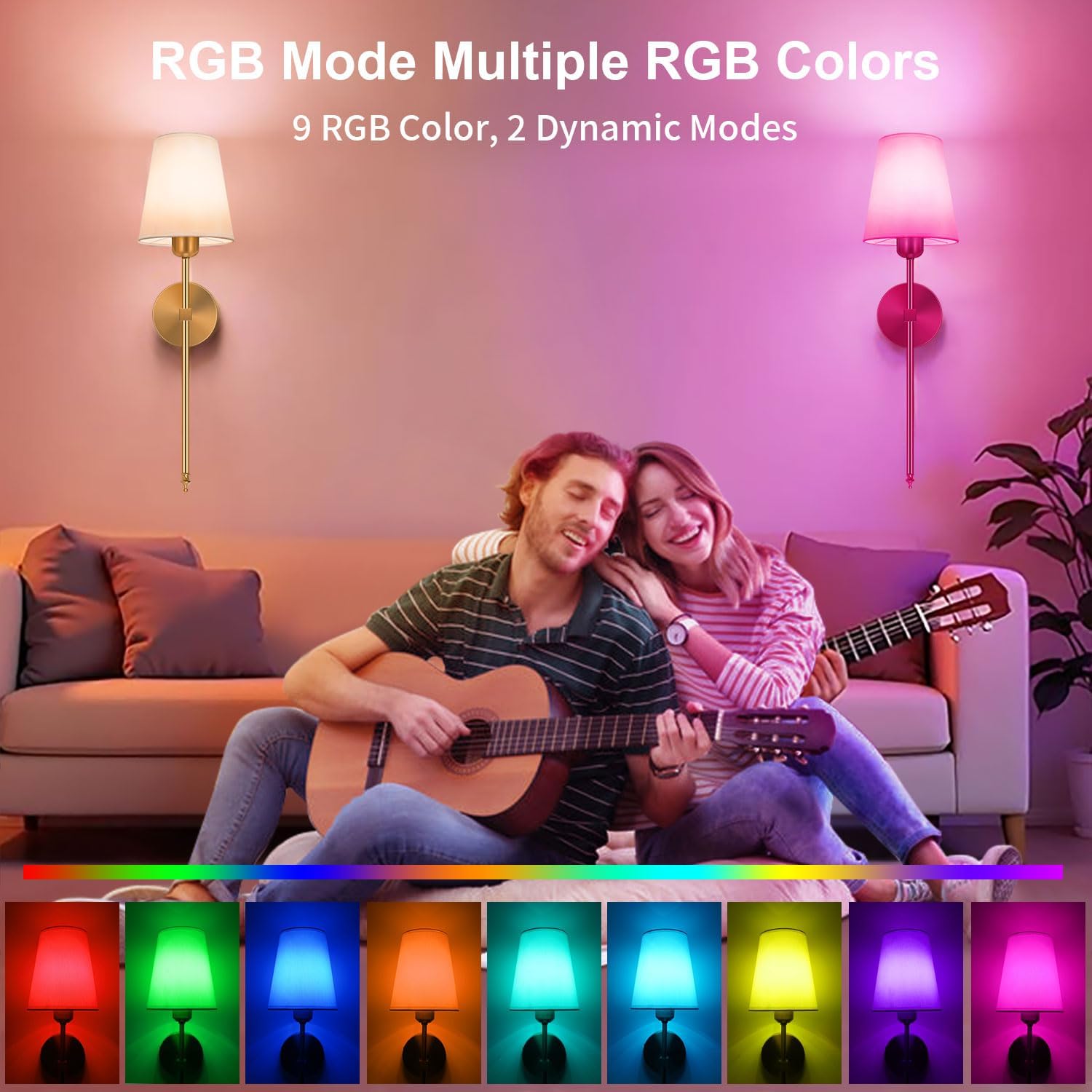 Battery Operated Wall Sconce, Gold Rechargeable Wall Lights with 10000mAh Dimmable Bulbs and 3 Dynamic Modes, 12 Colors Wireless Wall Lamps with Remote for Bedroom Living Room Hallway Decor, 2 Pack